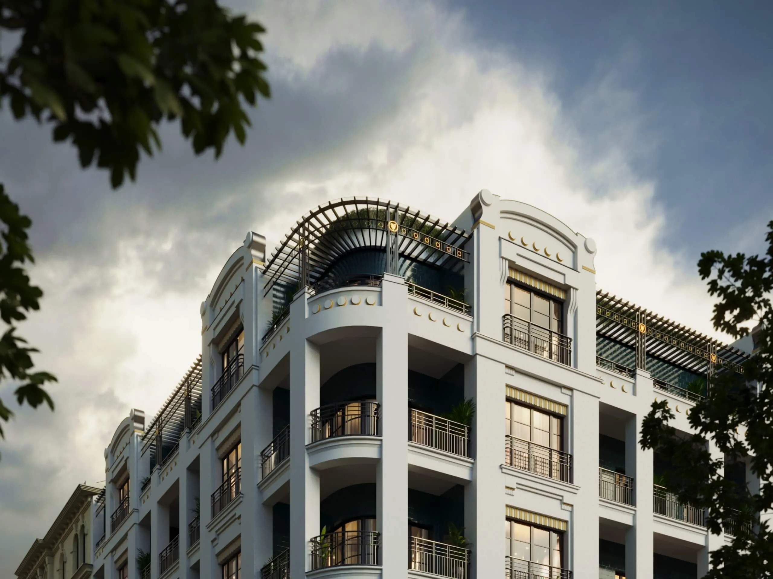Architectural visualisation of a residential building in the style of Art Nouveau / Secession in a contemporary setting optimized for modern living.