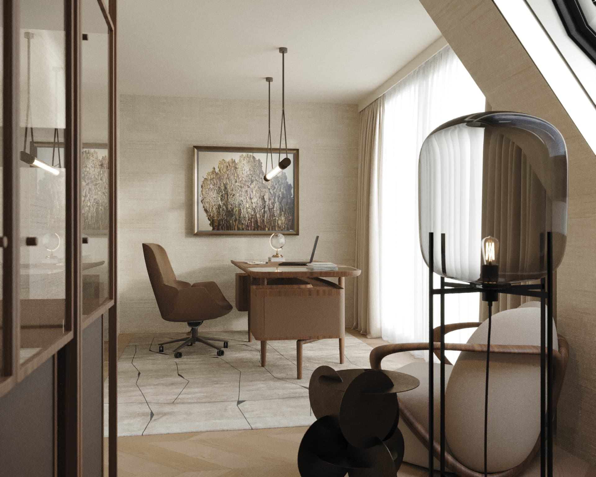 Home office seen through a smoked-glass cabinet, with a leather-wrapped walnut desk and a linear pendant, 3D rendering
