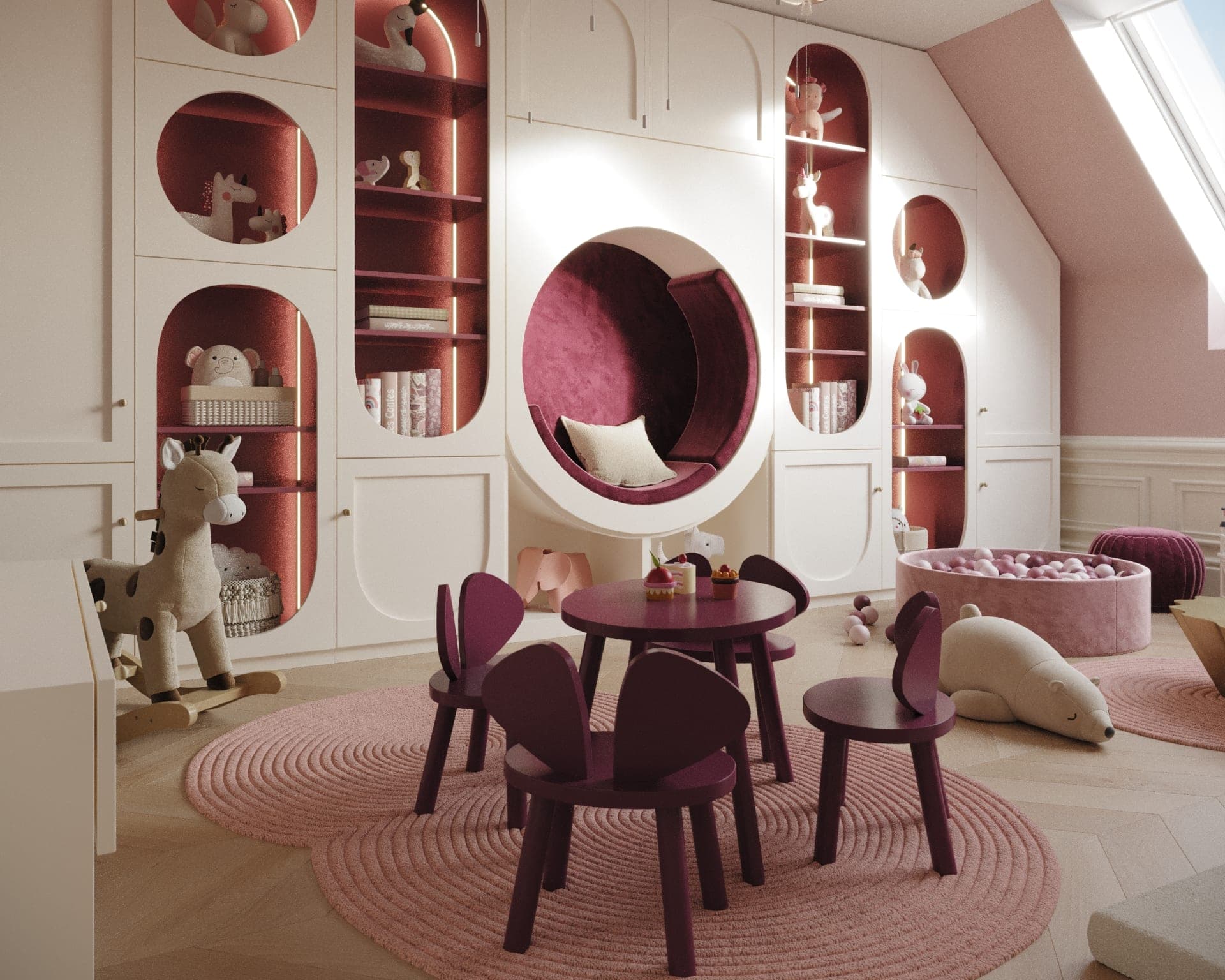 Playroom with a round velvet reading nook set into a wall of berry-toned niches, Wieden Duplex Penthouse, 3D visualization