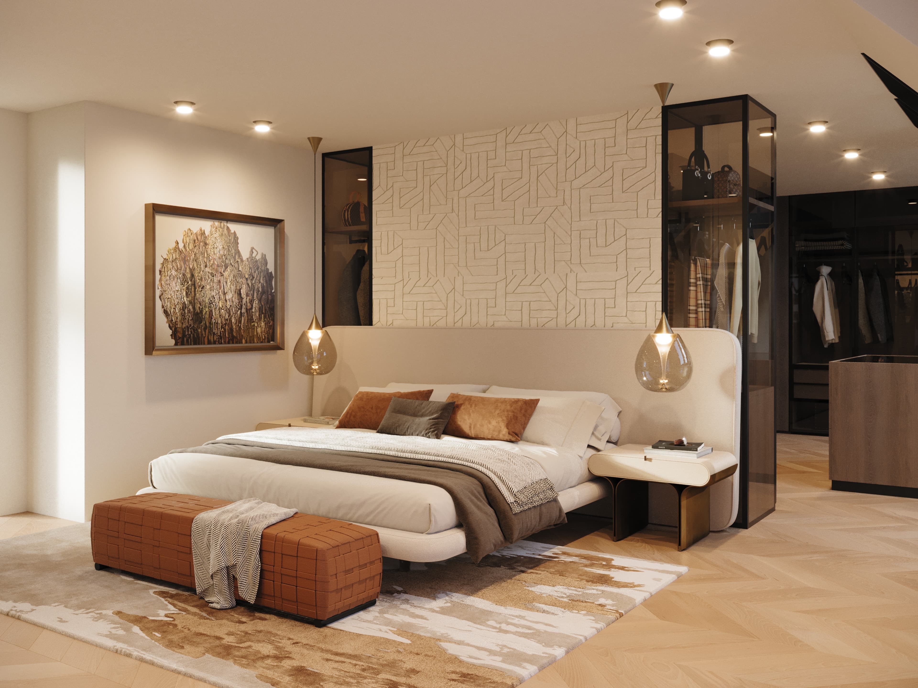 Master bedroom with an upholstered headboard, geometric feature wall and smoked-glass wardrobes, 3D visualization