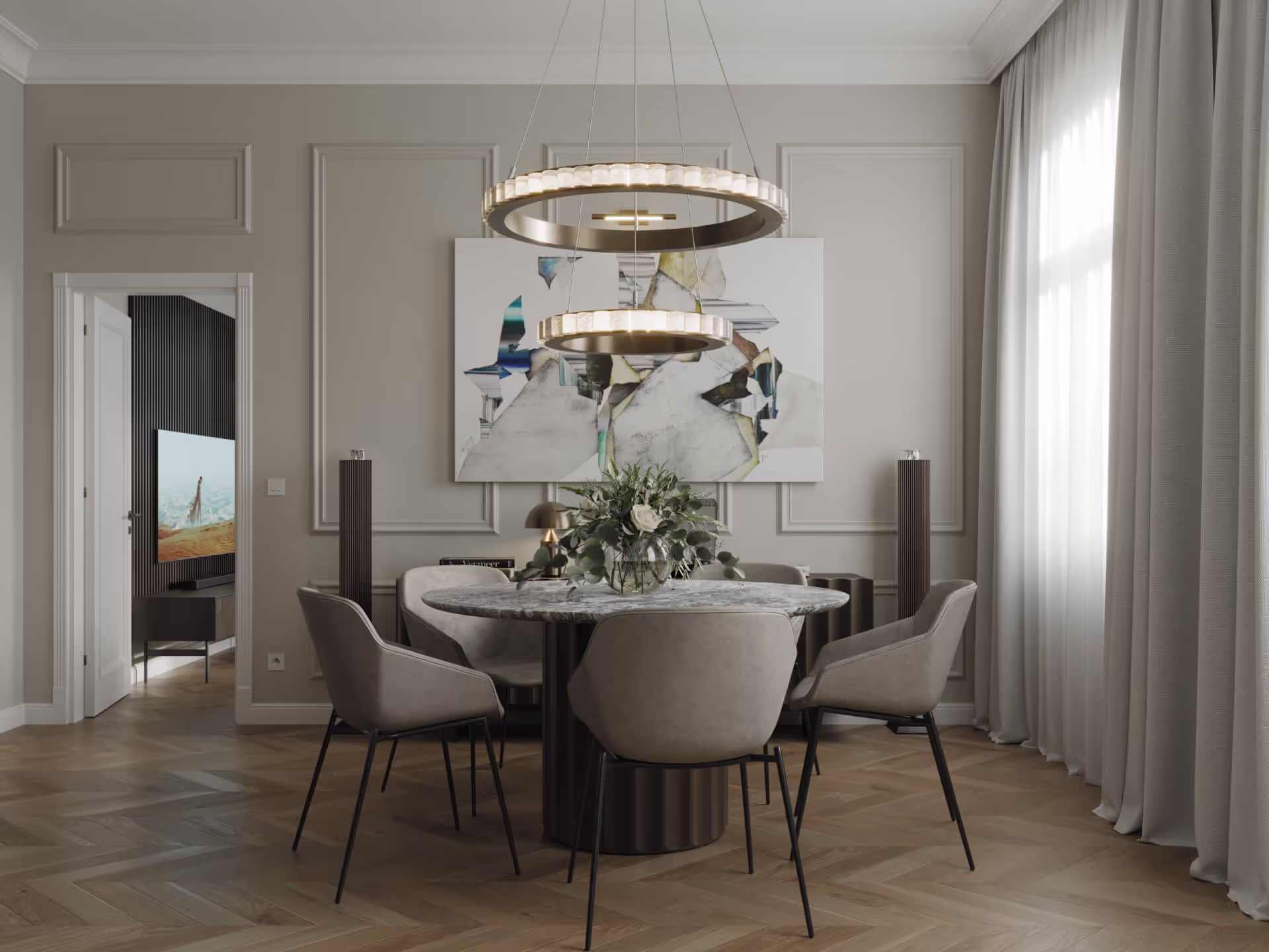 Styled dining room with abstract artwork, flowers on a marble table and ring chandelier, designer 360 tour, 3D rendering