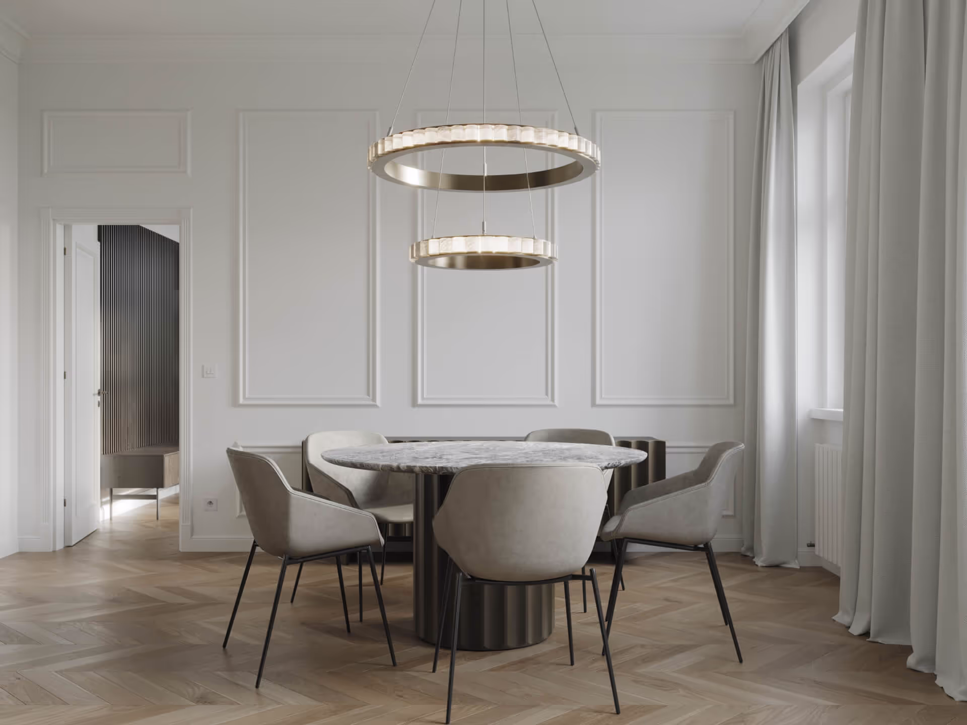 Dining room with round marble table, grey chairs and ring chandelier in a panelled Altbau, premium 360 tour, 3D rendering