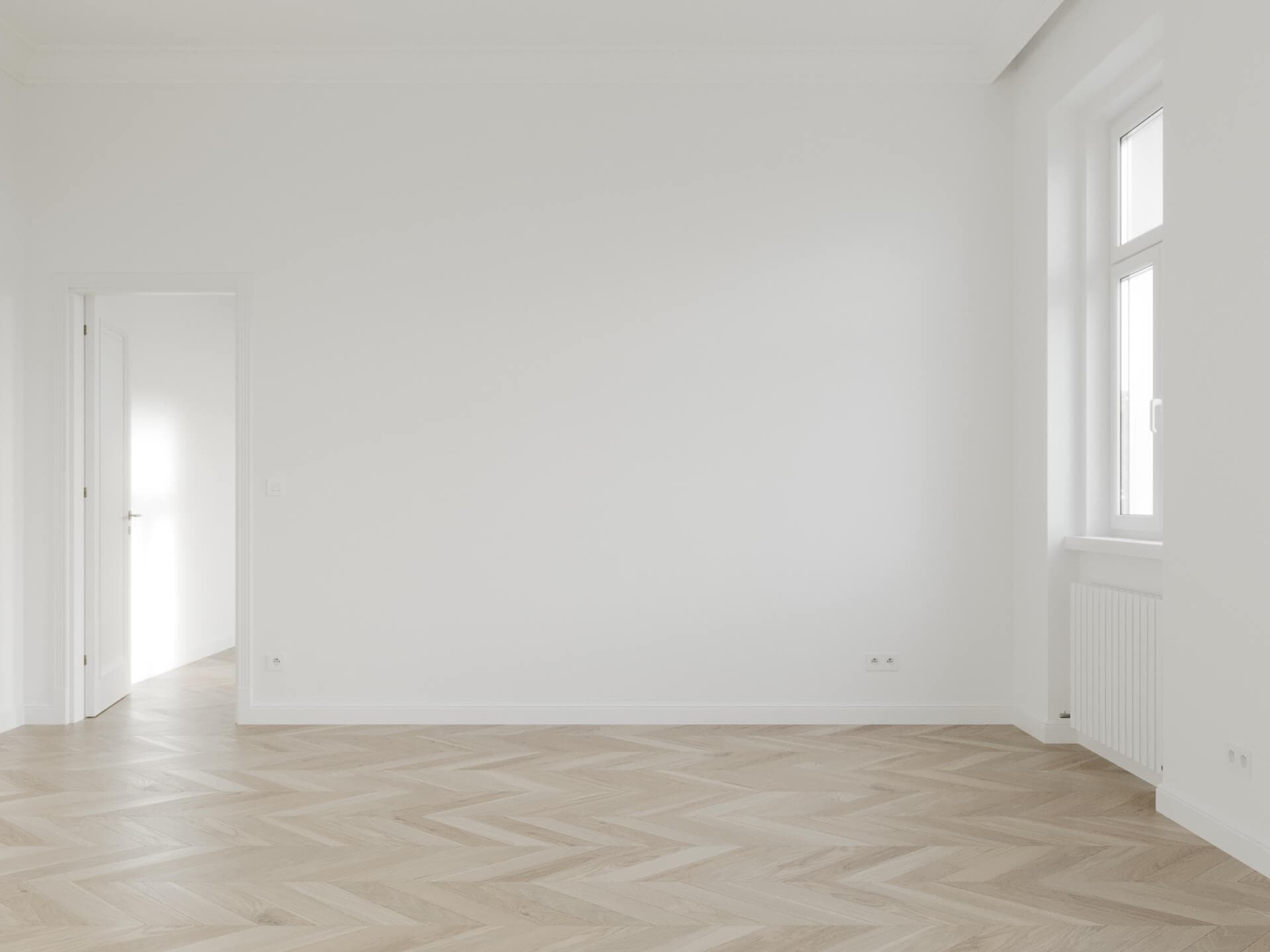 Empty renovated Altbau room with white walls and herringbone parquet, standard 360 tour, 3D rendering