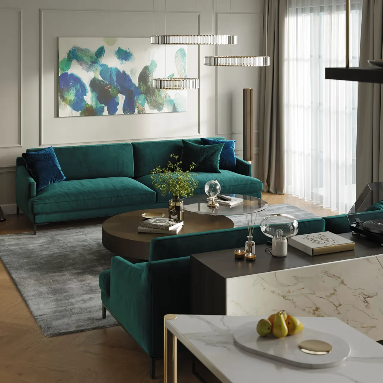 Emerald Penthouse living room with green velvet sofa and abstract painting, 3D interior rendering
