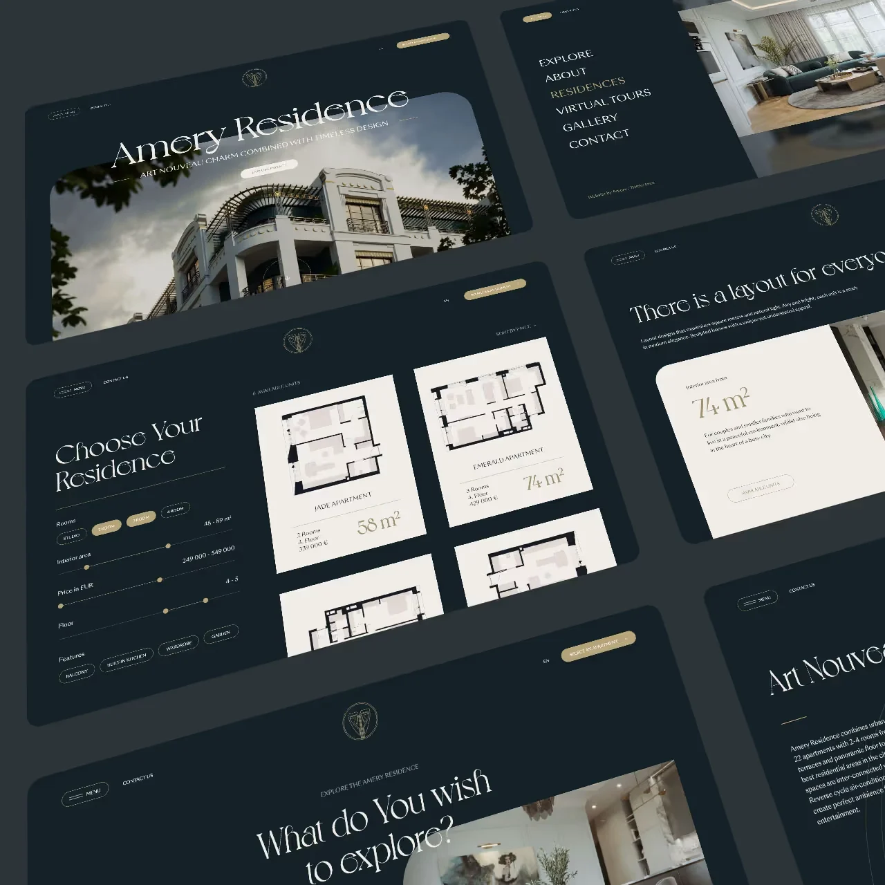 Collage of Amery Residence promo website screens with floor plans, UI design
