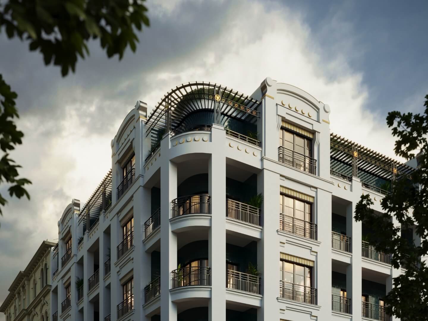Amery Residence corner façade with rooftop pergola and balconies, 3D rendering