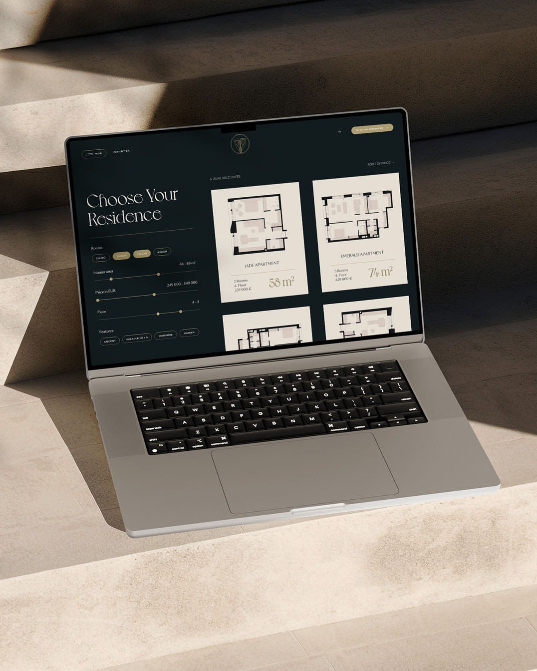 Choose Your Residence floor-plan selector of the Amery Residence website on a laptop, UI design