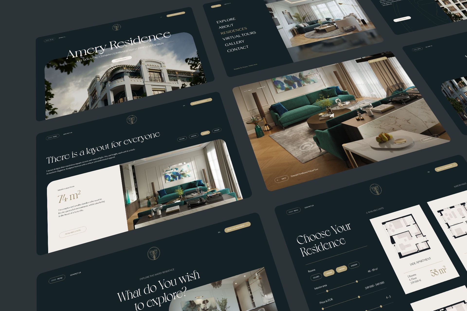 Collage of Amery Residence website screens with hero, layouts, interiors and floor plans, UI design