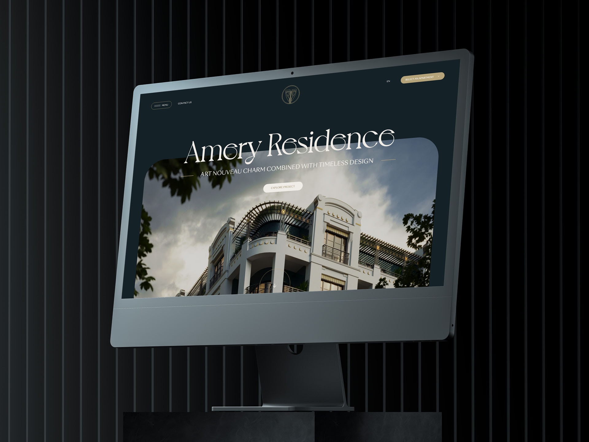 Amery Residence website hero screen on a desktop monitor, UI design