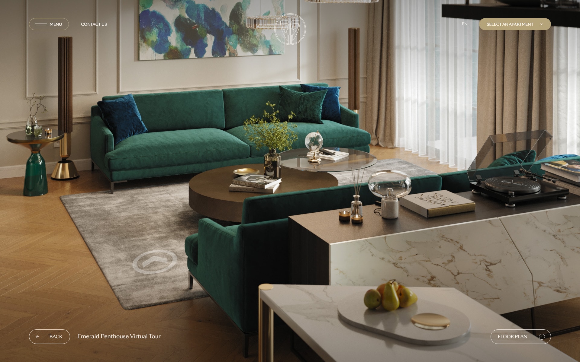 Emerald Penthouse 360 virtual tour embedded in the Amery Residence website, green velvet sofa in view, UI design