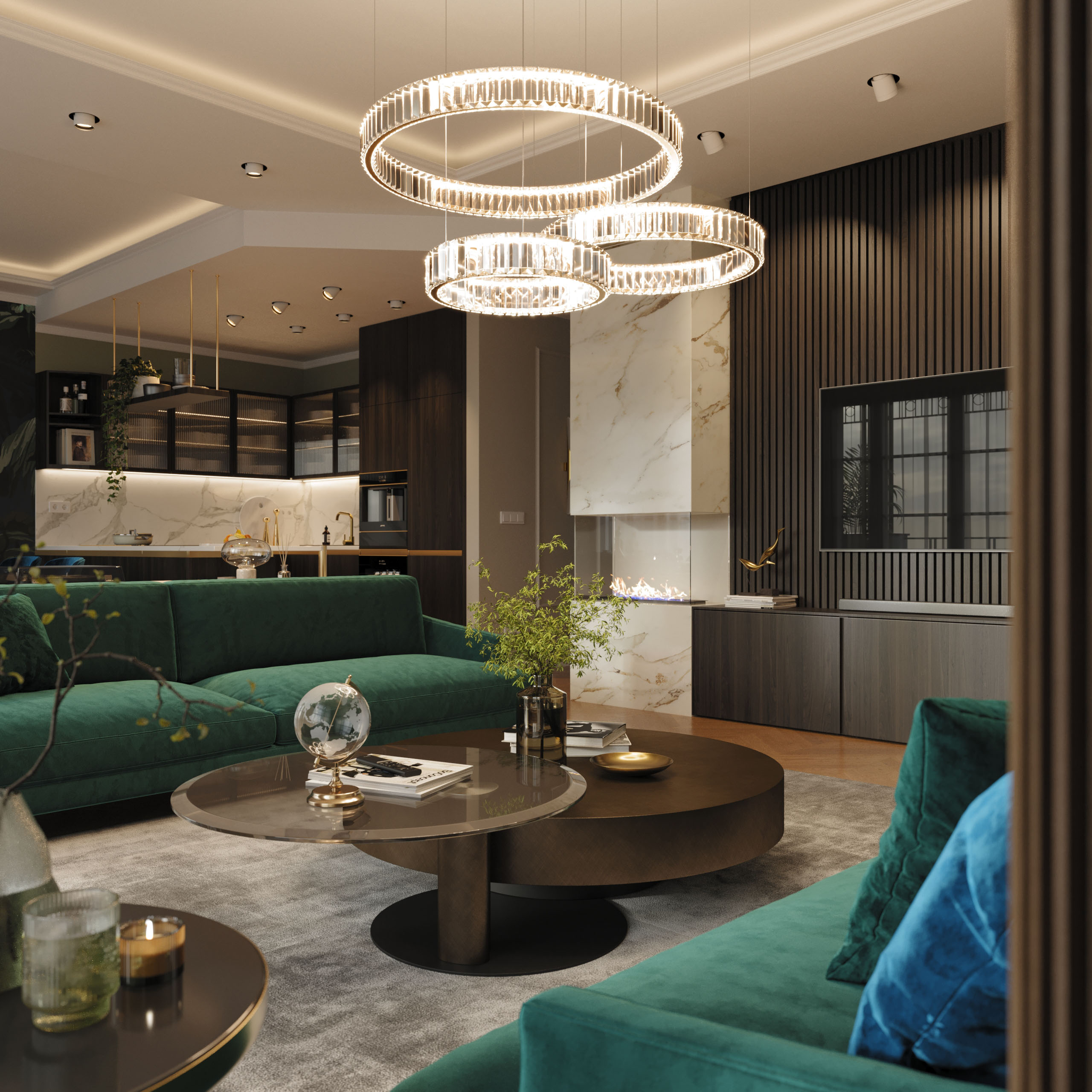 Emerald Penthouse living space with ring chandeliers, green velvet sofa and marble kitchen wall, 3D rendering