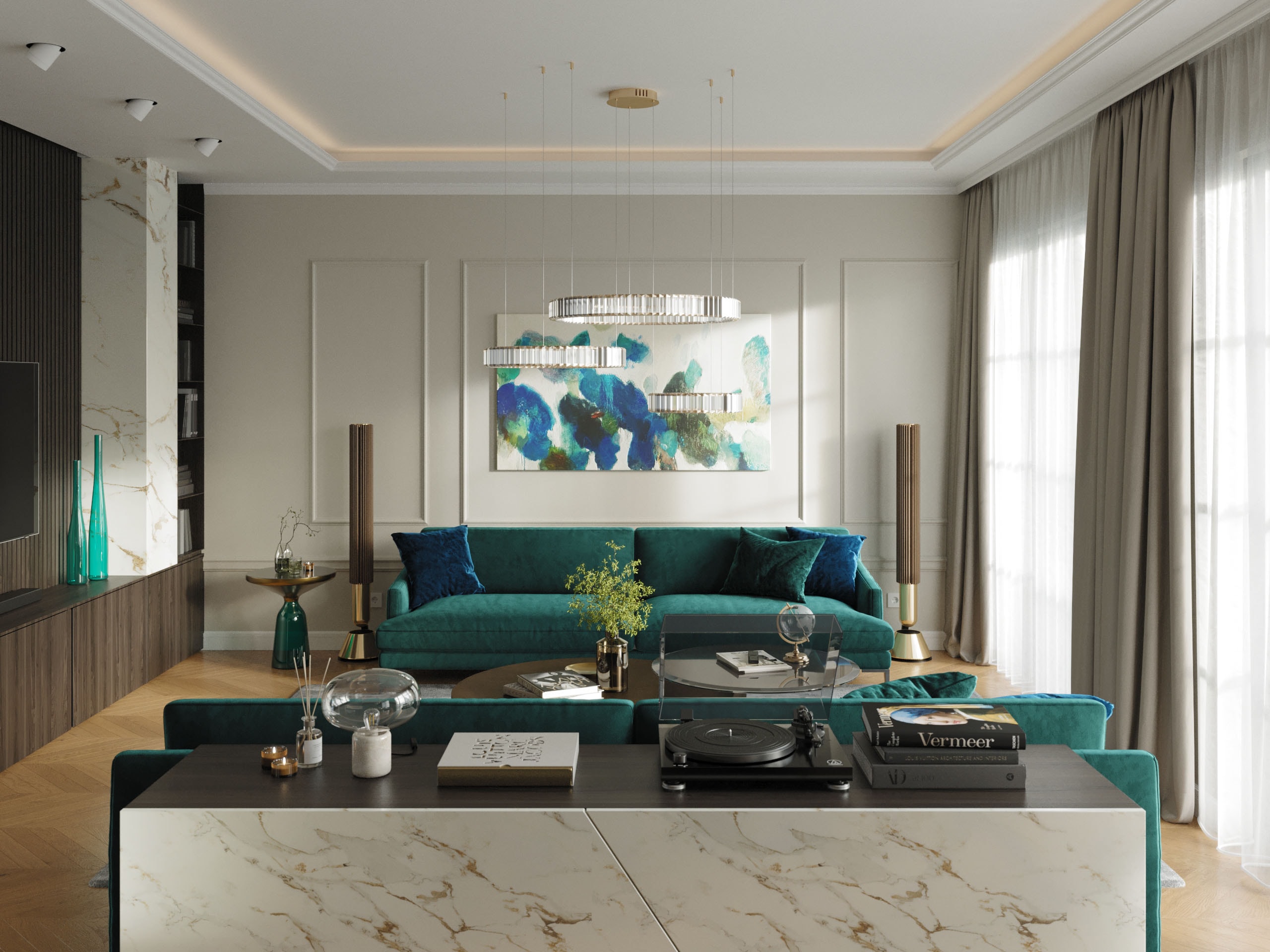 Emerald Penthouse living room facing the sofa wall with panelling and abstract art, 3D rendering