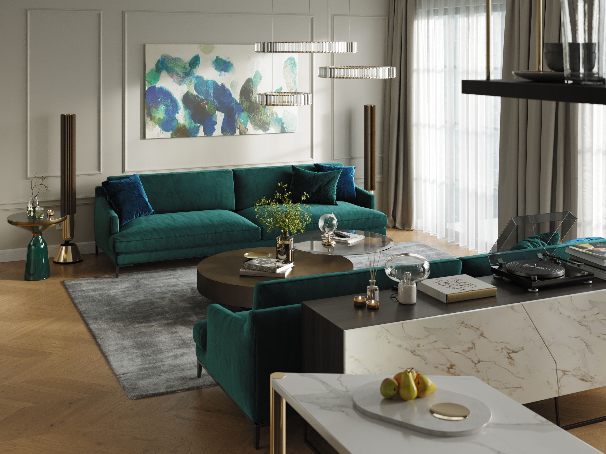 Emerald Penthouse living room with a green velvet sofa, round walnut coffee table and marble island, 3D rendering