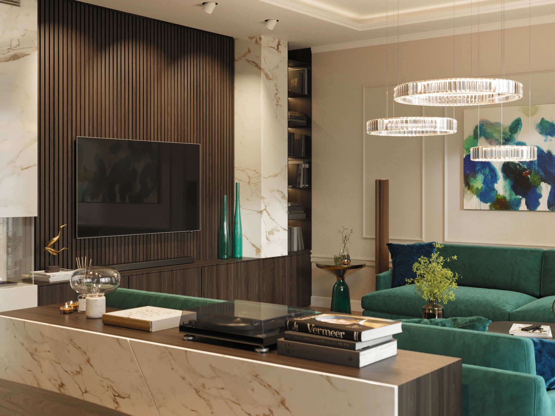 Emerald Penthouse TV wall with walnut slats, marble and a ring chandelier, 3D rendering