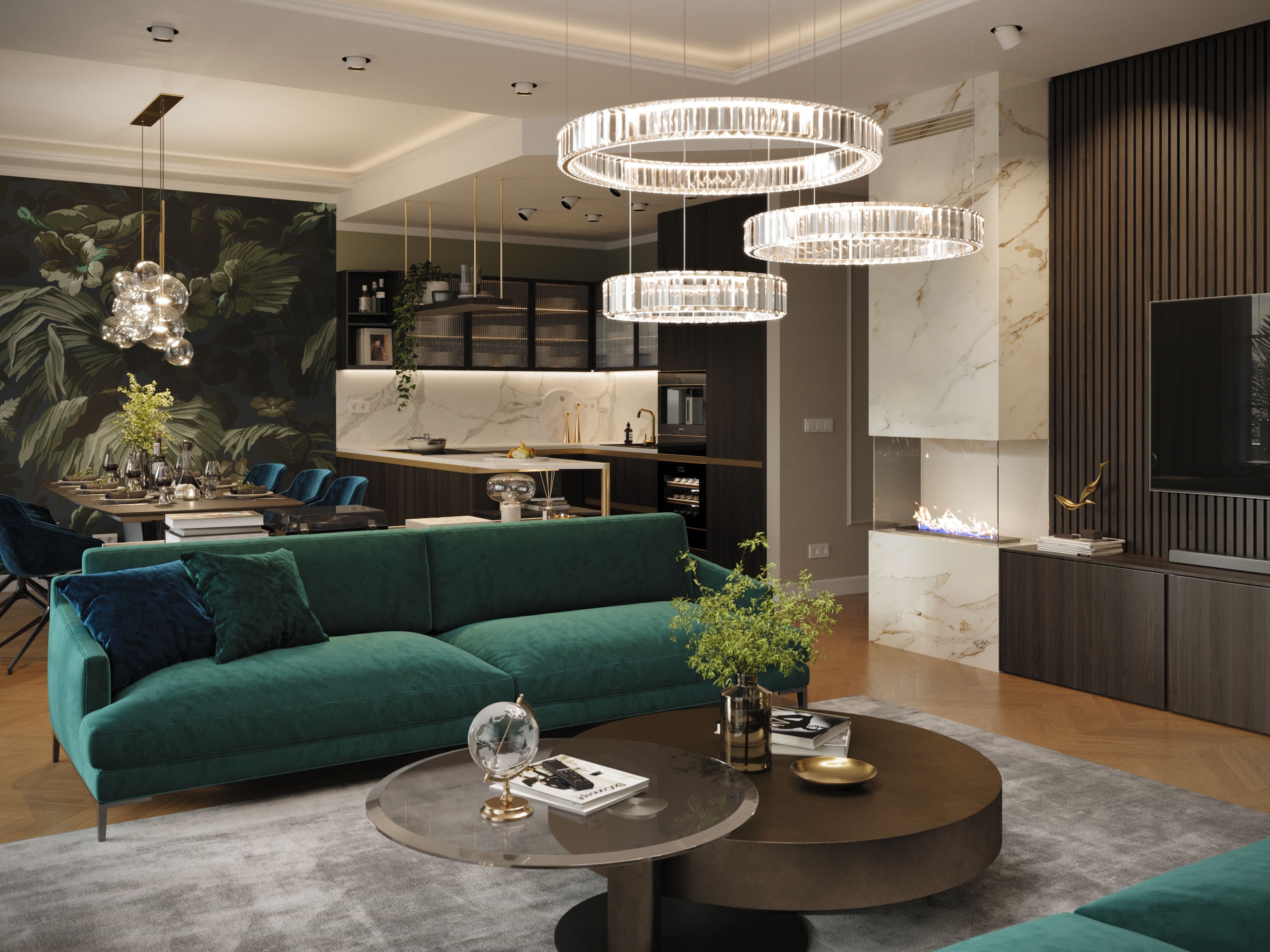 Open-plan living and dining area of the Emerald Penthouse with jungle wallpaper and ring chandeliers, 3D rendering