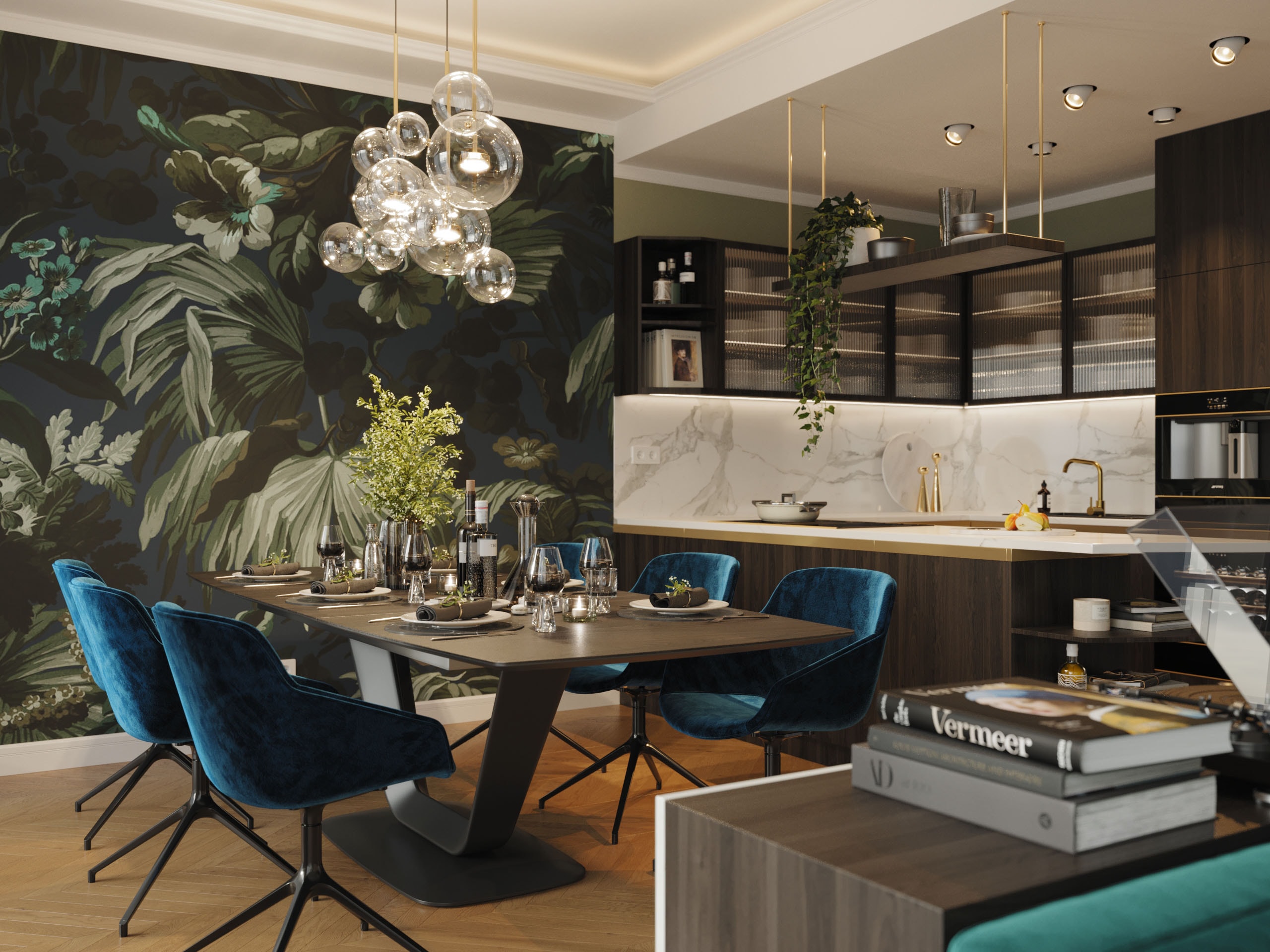 Dining area of the Emerald Penthouse with jungle wallpaper, walnut kitchen and marble splashback, 3D rendering
