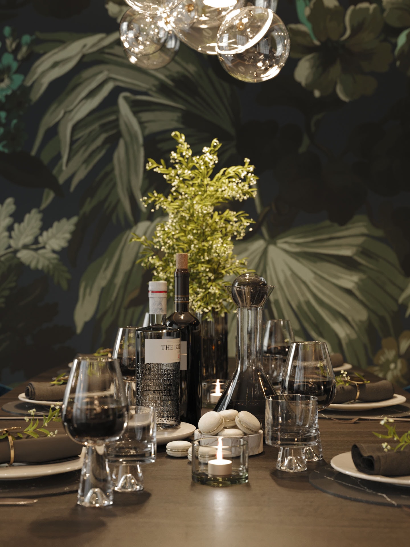 Close-up of the Emerald Penthouse dining table setting against the jungle wallpaper, 3D rendering