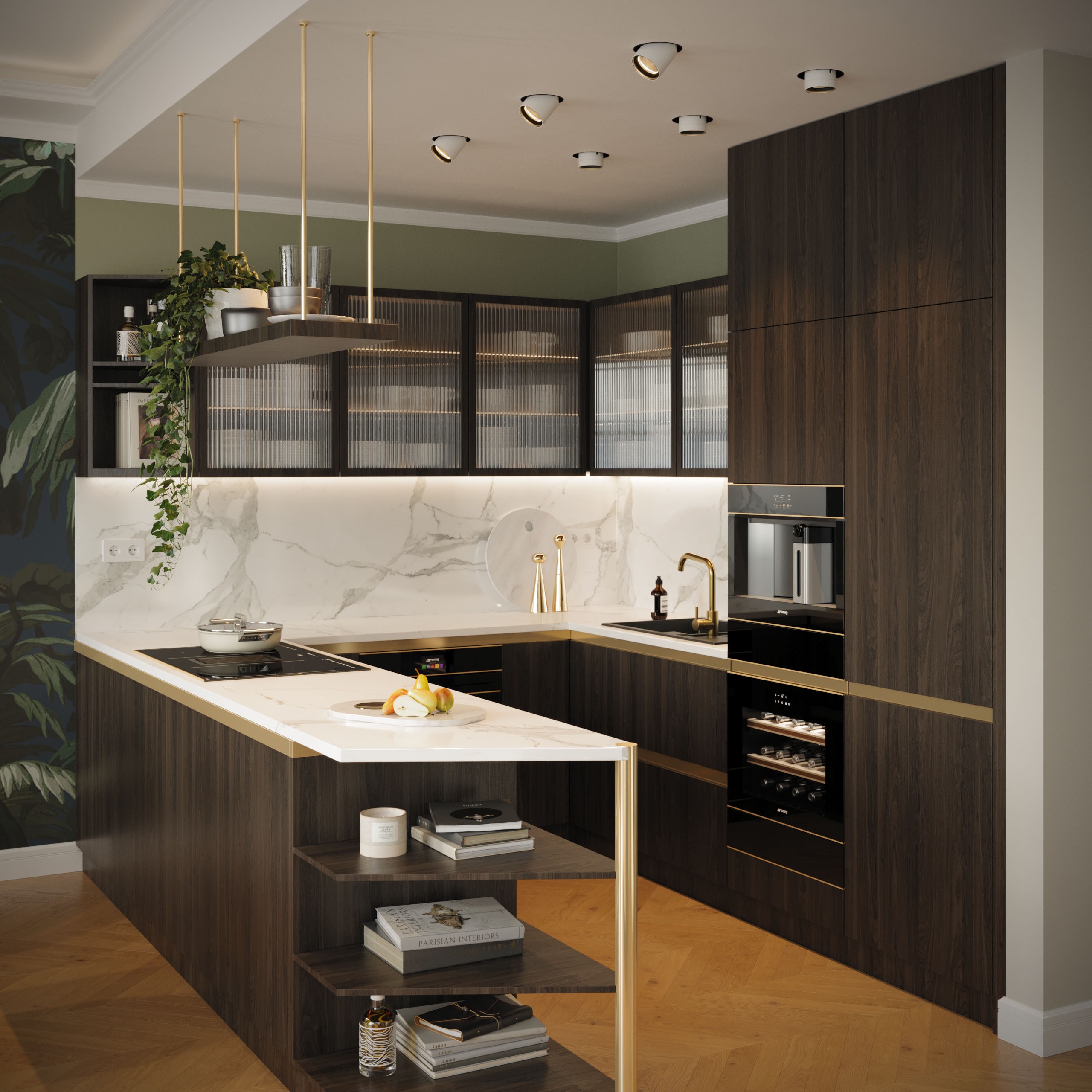 Walnut and marble kitchen of the Emerald Penthouse with brass details and glass-fronted cabinets, 3D rendering