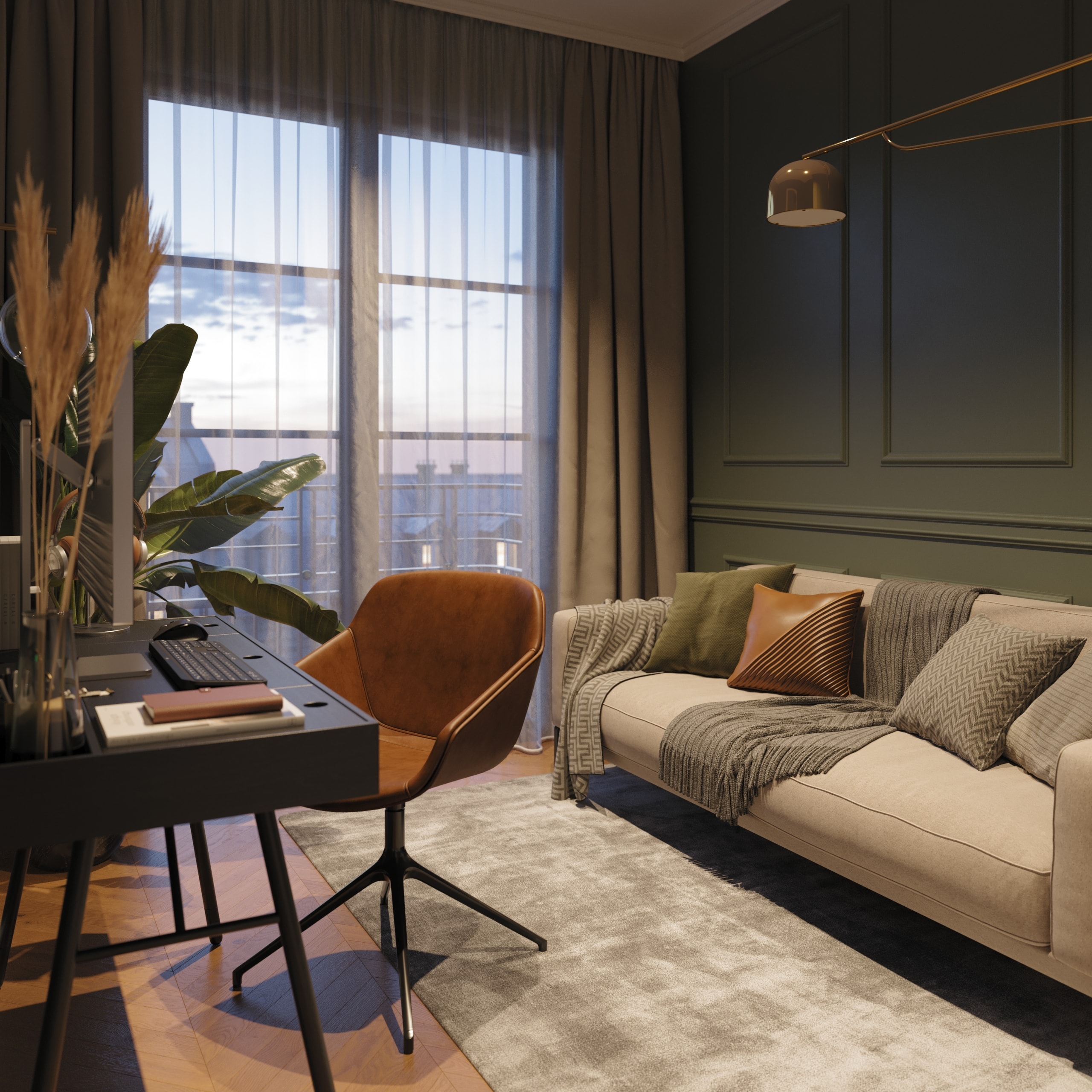 Emerald Penthouse workspace with a leather chair, desk and sofa by the tall windows at sunset, 3D rendering