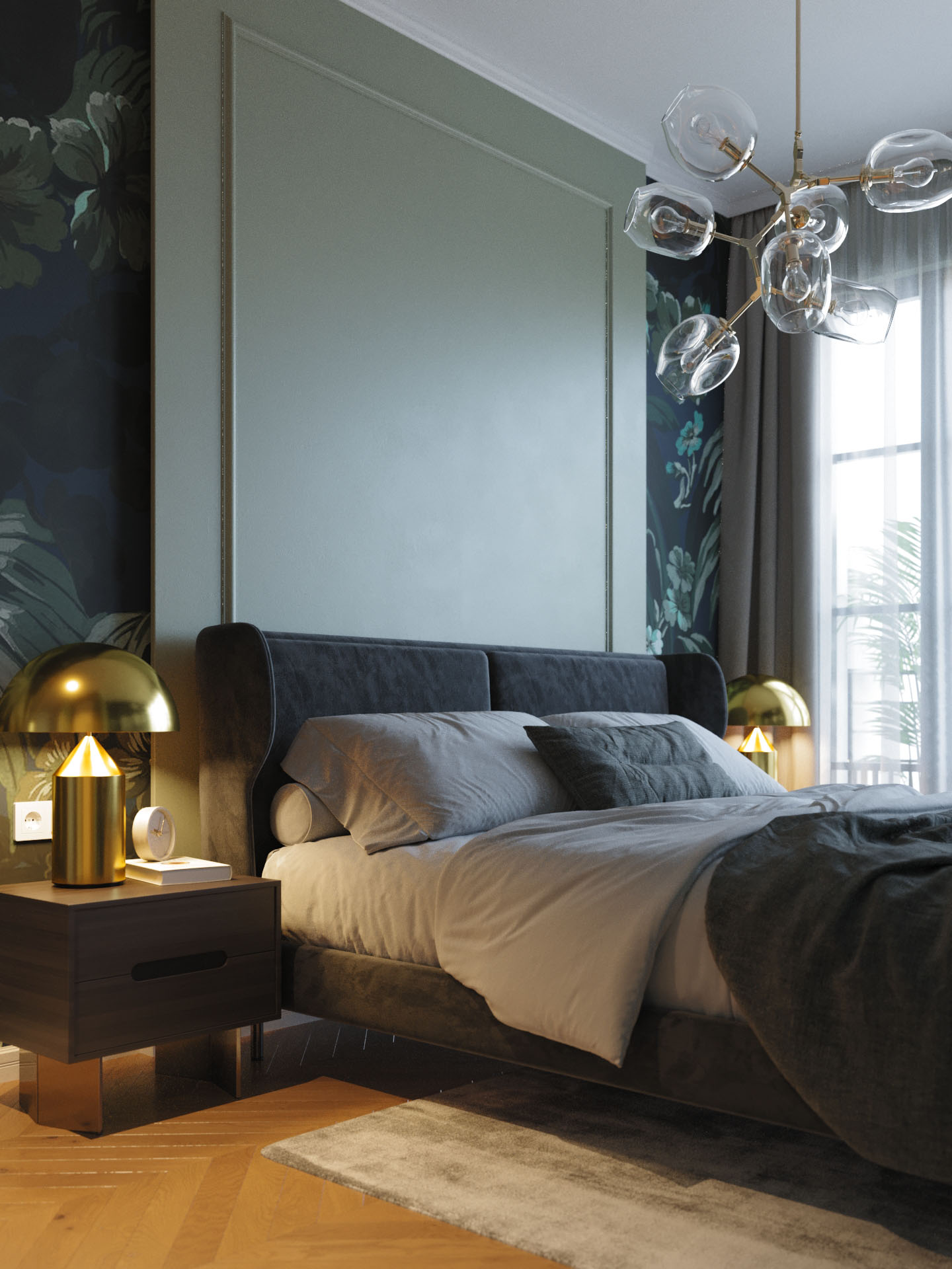 Emerald Penthouse bedroom corner with sage panelling, brass lamp and sheer curtains, 3D rendering