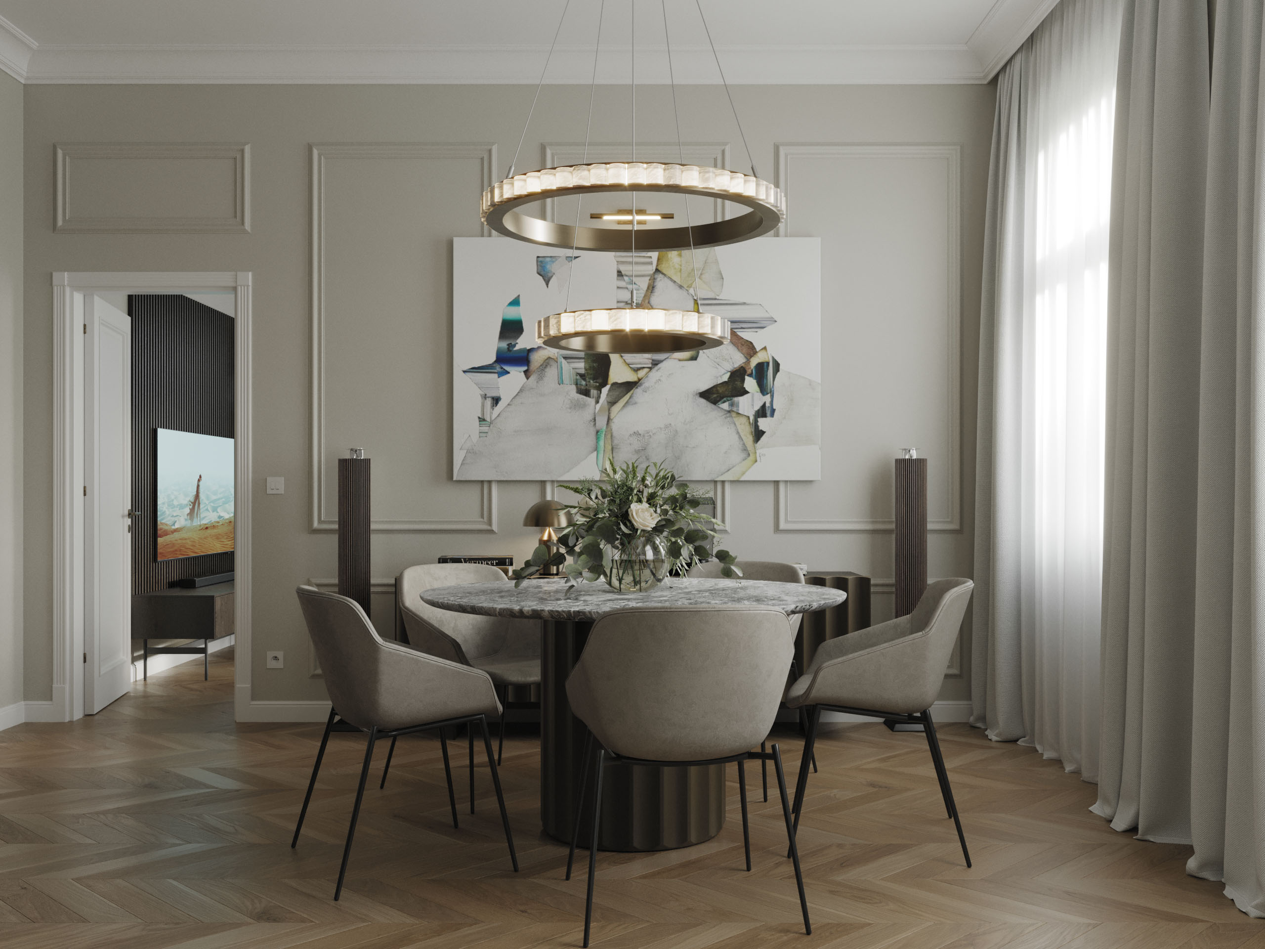 Fockygasse 22 dining room in the Designer virtual renovation with a round marble table and ring chandelier, 3D rendering