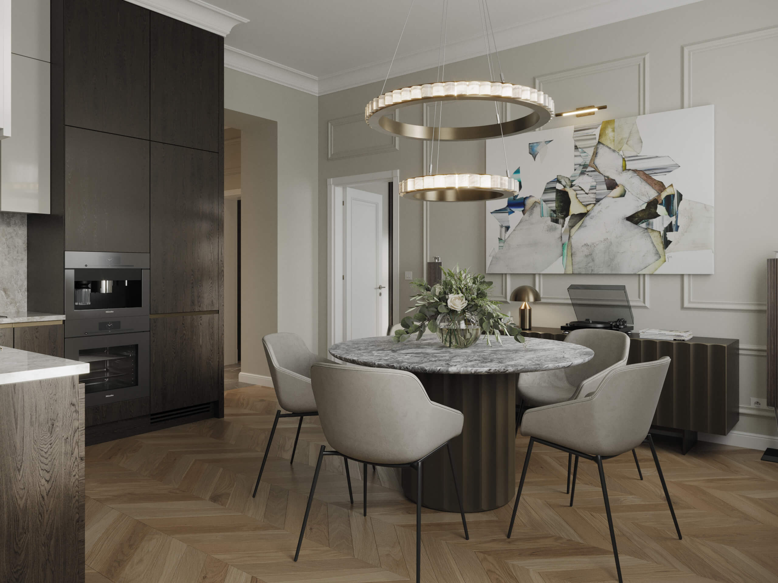 Fockygasse 22 kitchen and dining room after the virtual renovation, dark oak cabinets and a marble table, 3D rendering