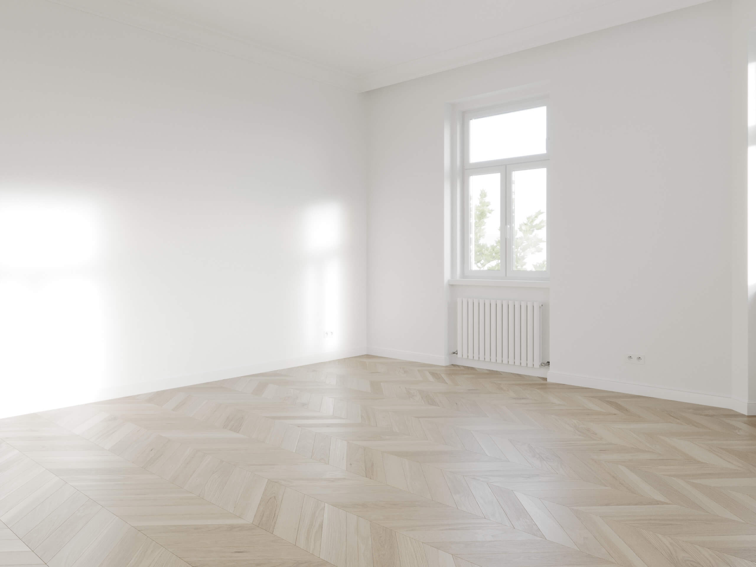 Empty renovated Fockygasse 22 room in the Standard virtual tour with fresh herringbone parquet, 3D rendering