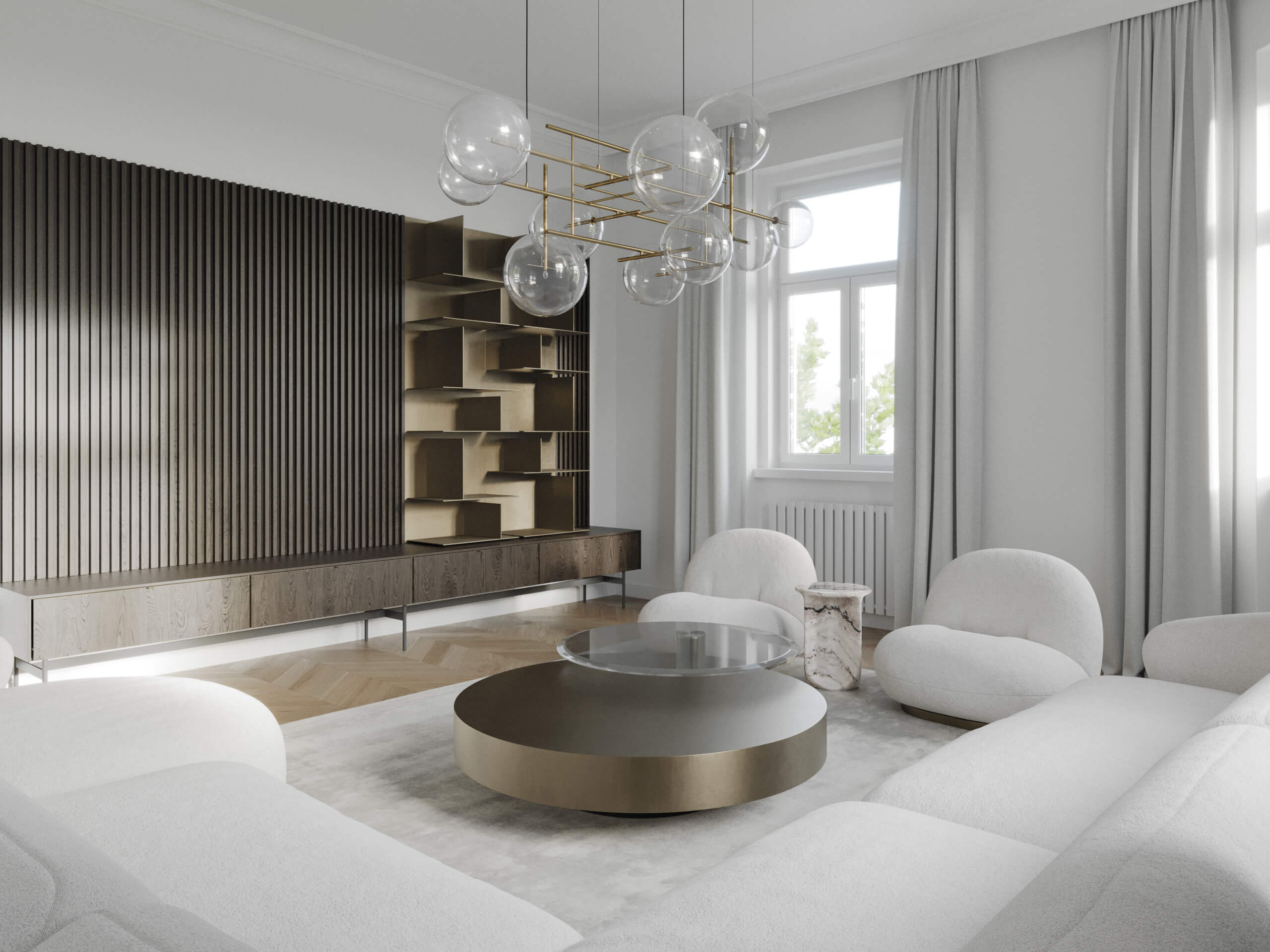 Premium virtual tour of Fockygasse 22, living room with a slatted media wall and curved bouclé seating, 3D rendering