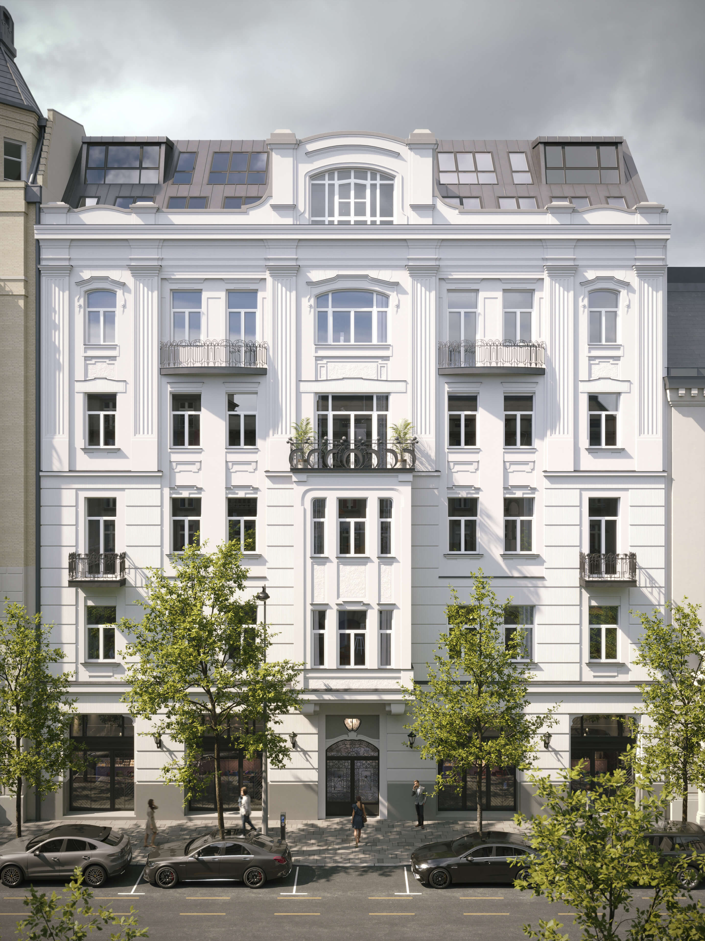Possible look of Alkotmány 27 with added rooftop units above the restored Secession façade, 3D visualization