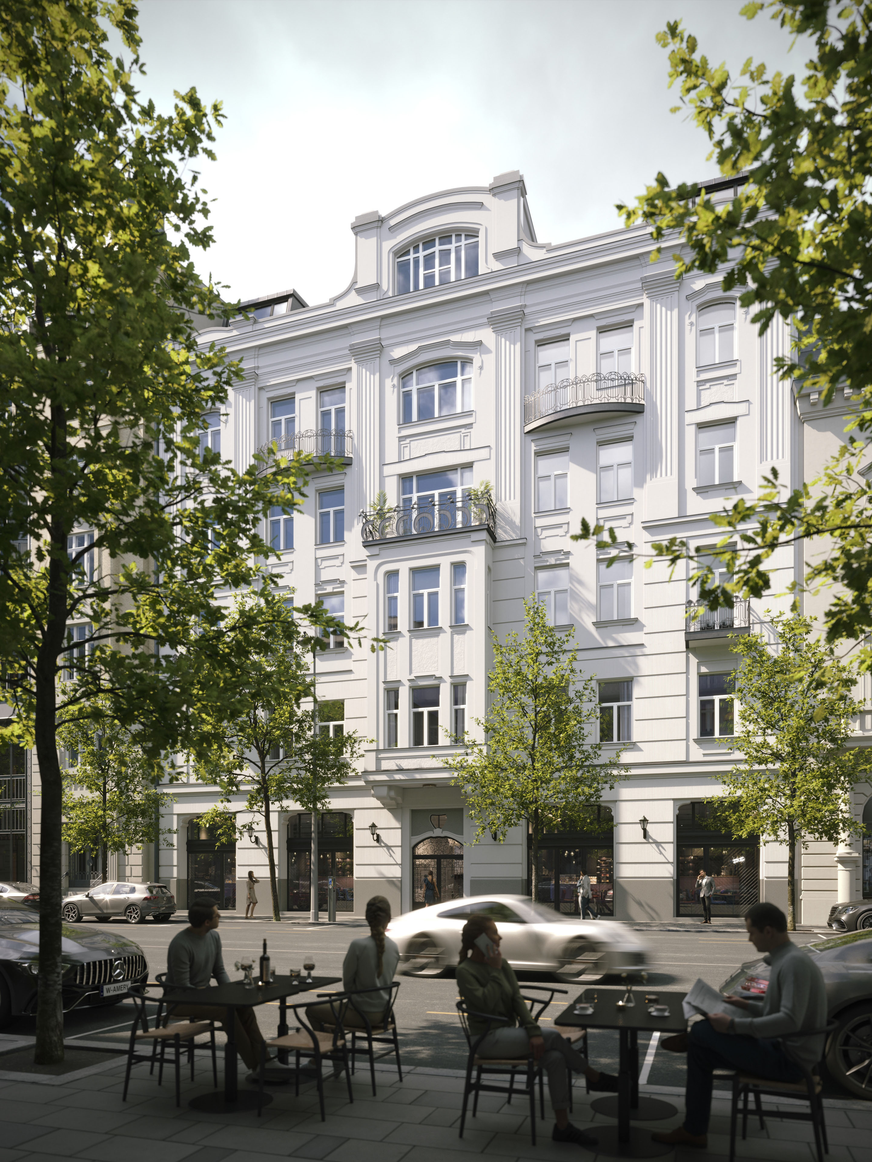 Café terrace in front of the restored Alkotmány 27 on a bright day, 3D rendering