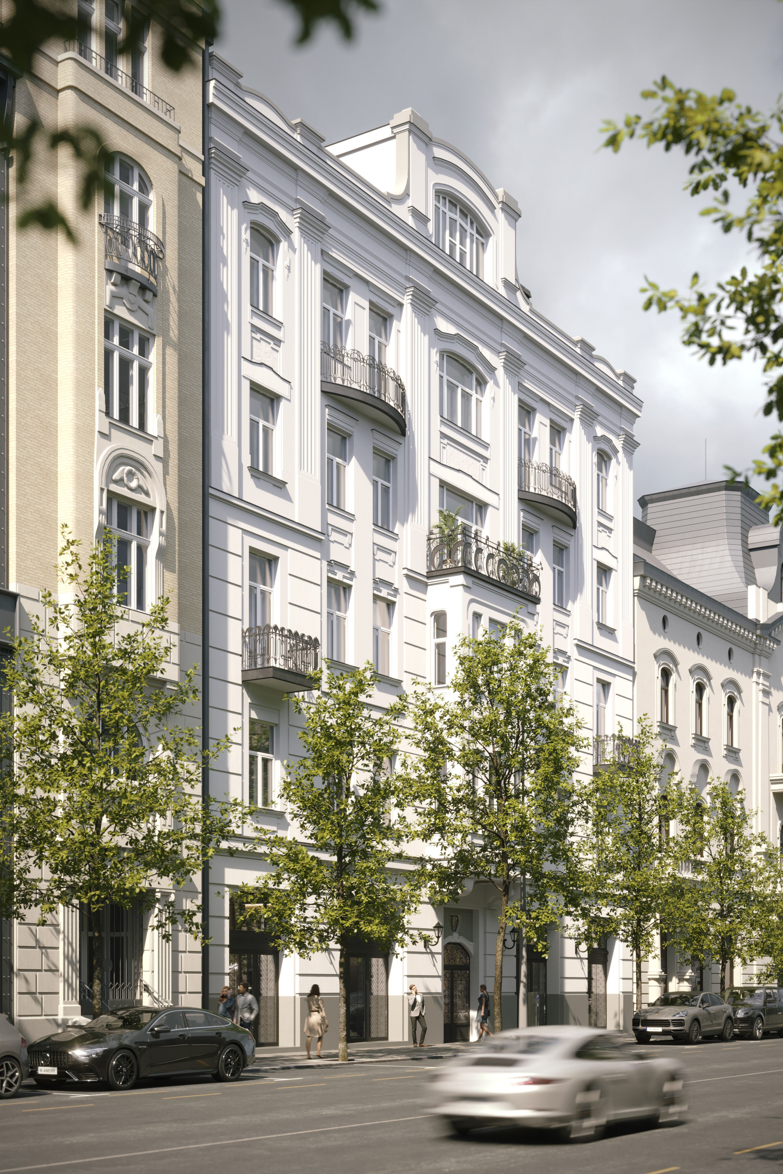 Restored Alkotmány 27 façade with lush street trees and a passing car, 3D rendering