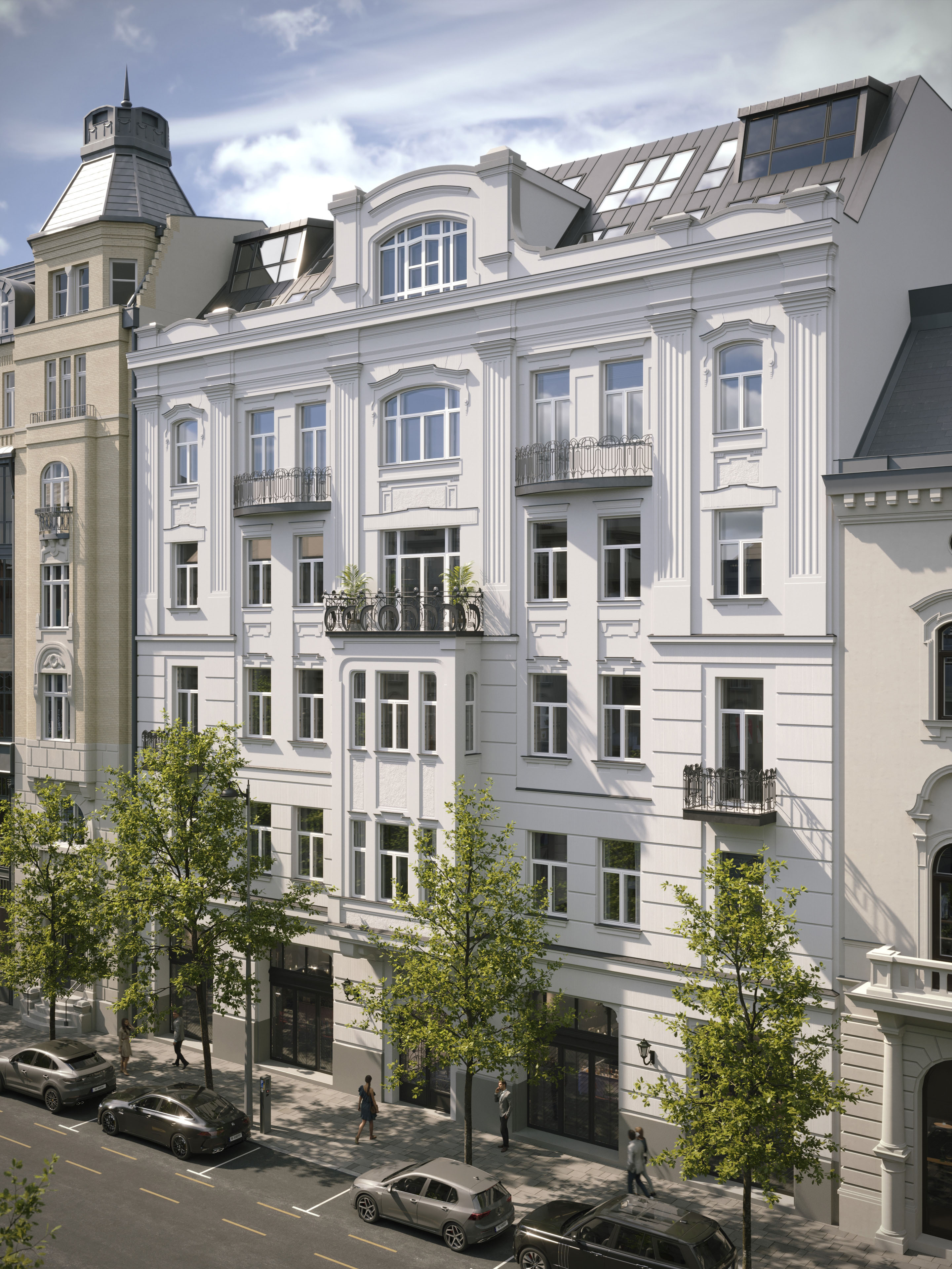 Restored Alkotmány 27 with a rooftop glass extension under a dramatic sky, 3D rendering