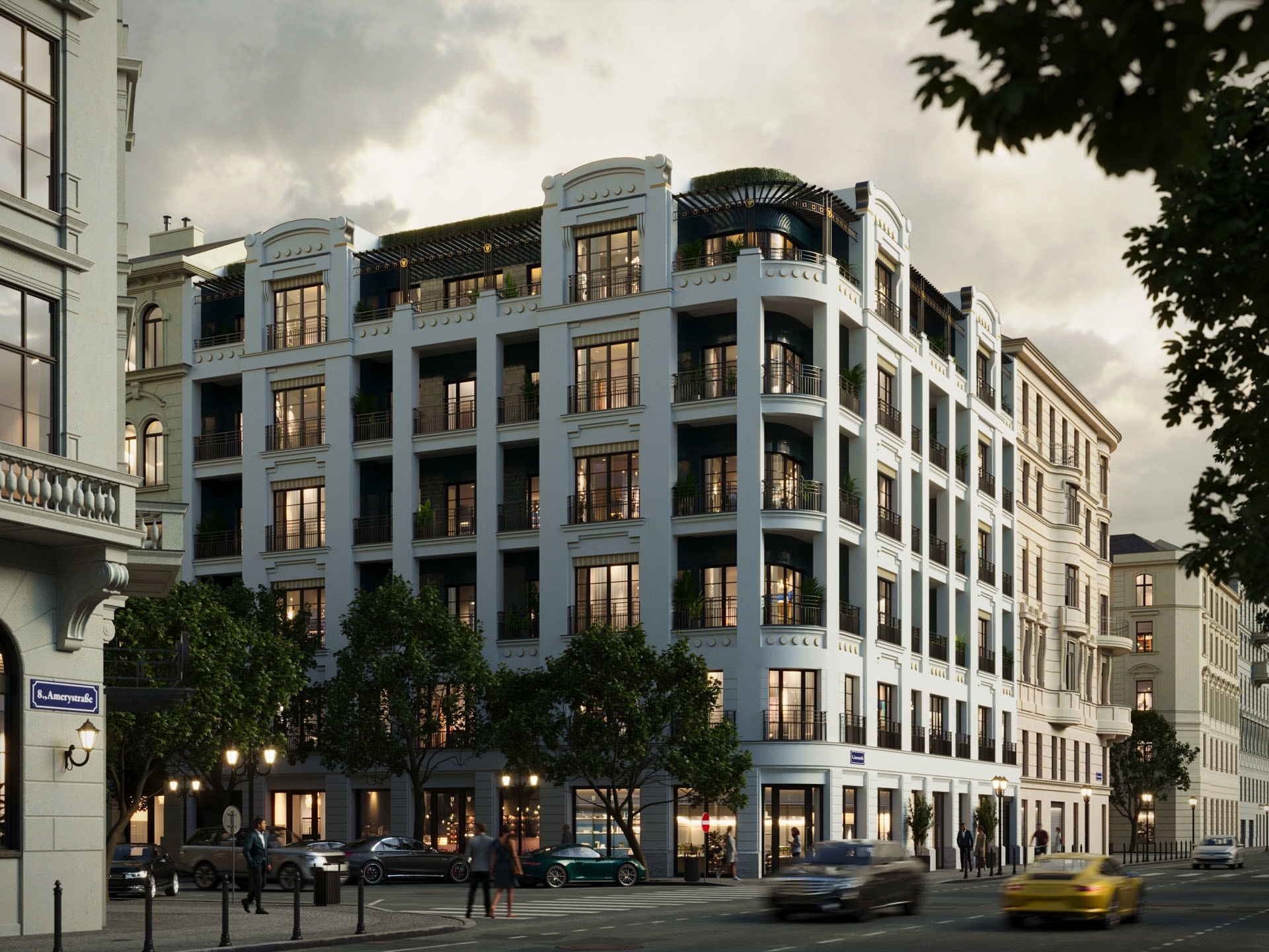 Amery Residence street corner at dusk with lit shopfronts and passing traffic, 3D rendering