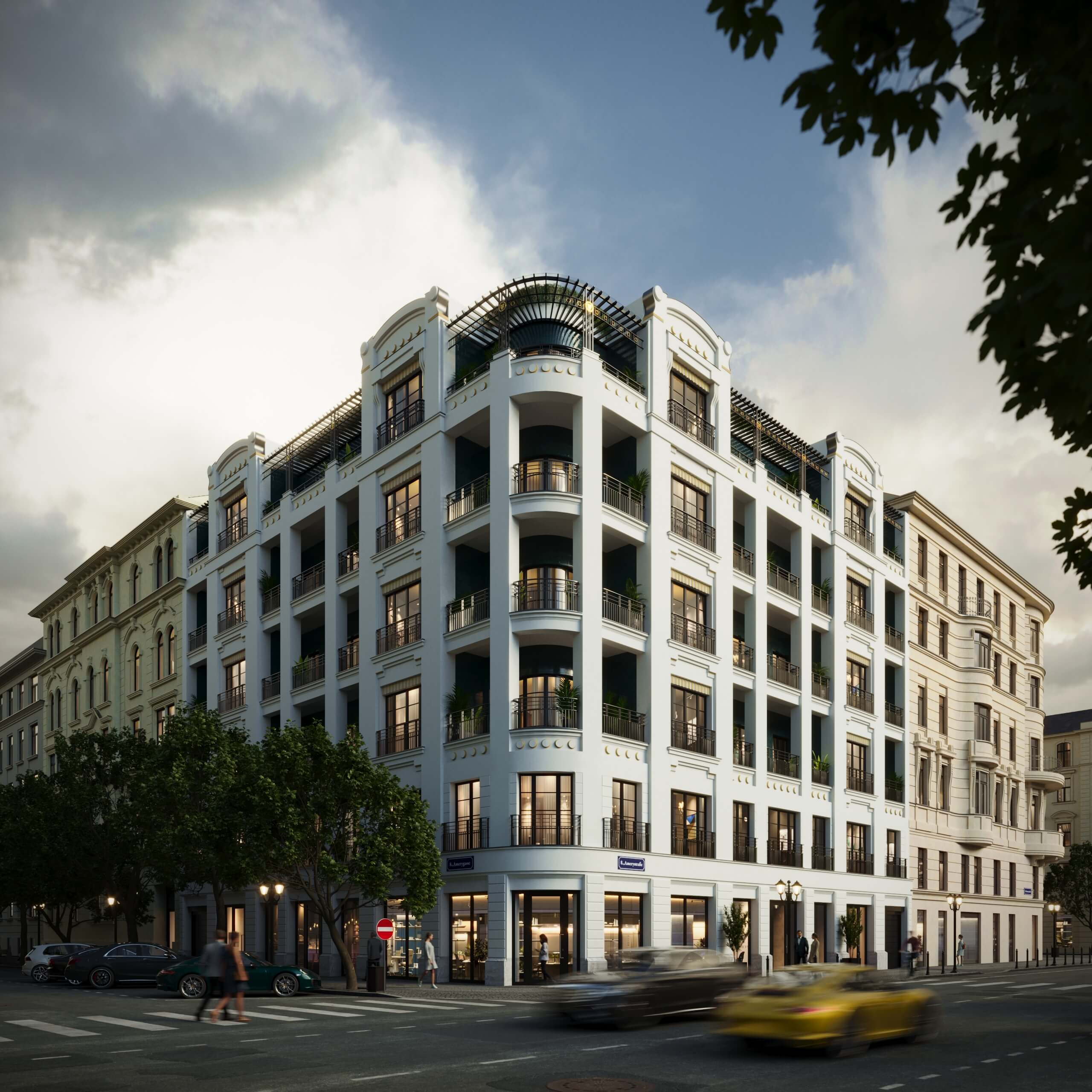 Amery Residence, a Secession-inspired mixed-use building on a city corner at dusk, 3D visualization