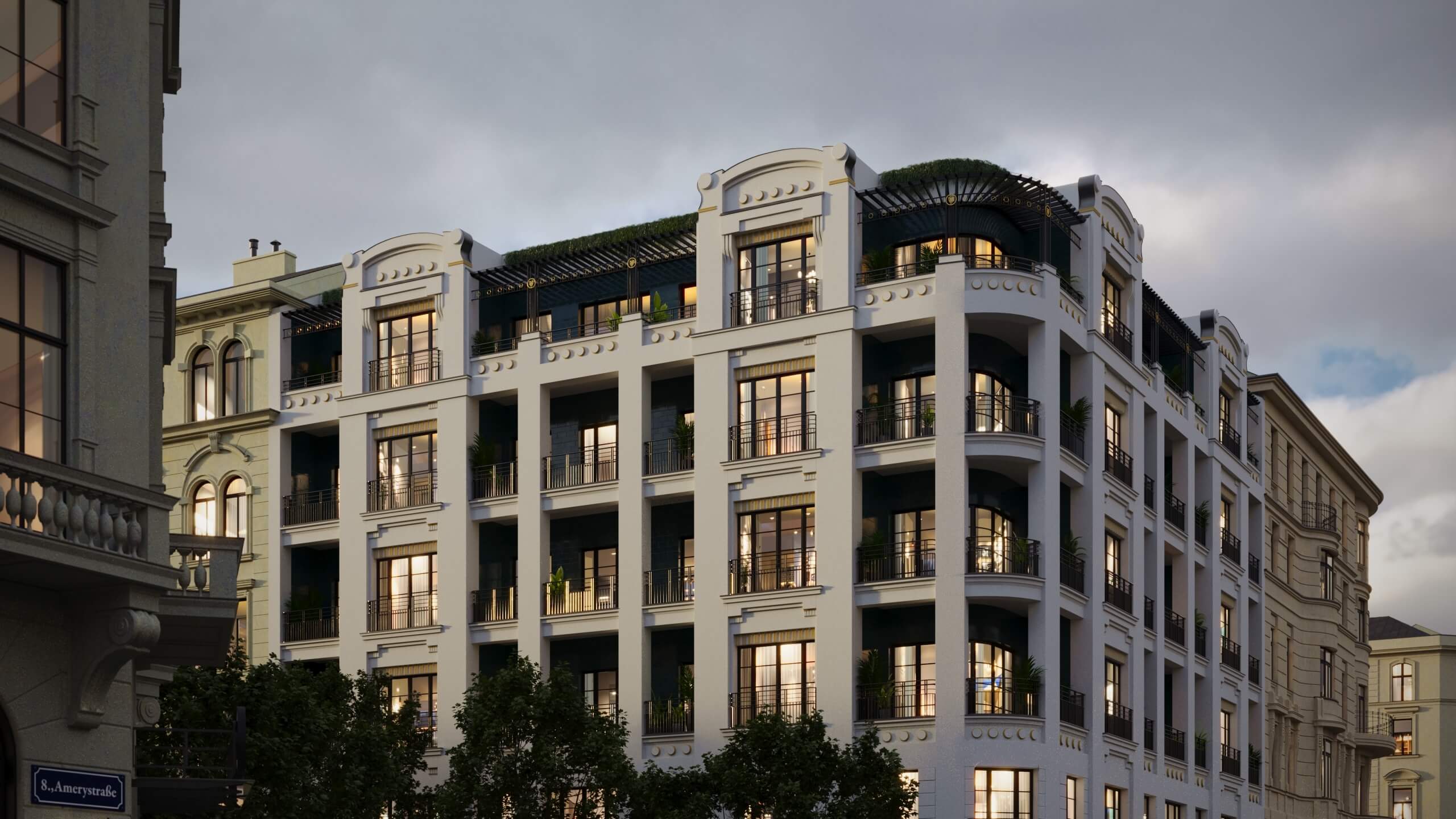 Amery Residence street corner with balconies and rooftop garden under a stormy sky, 3D rendering