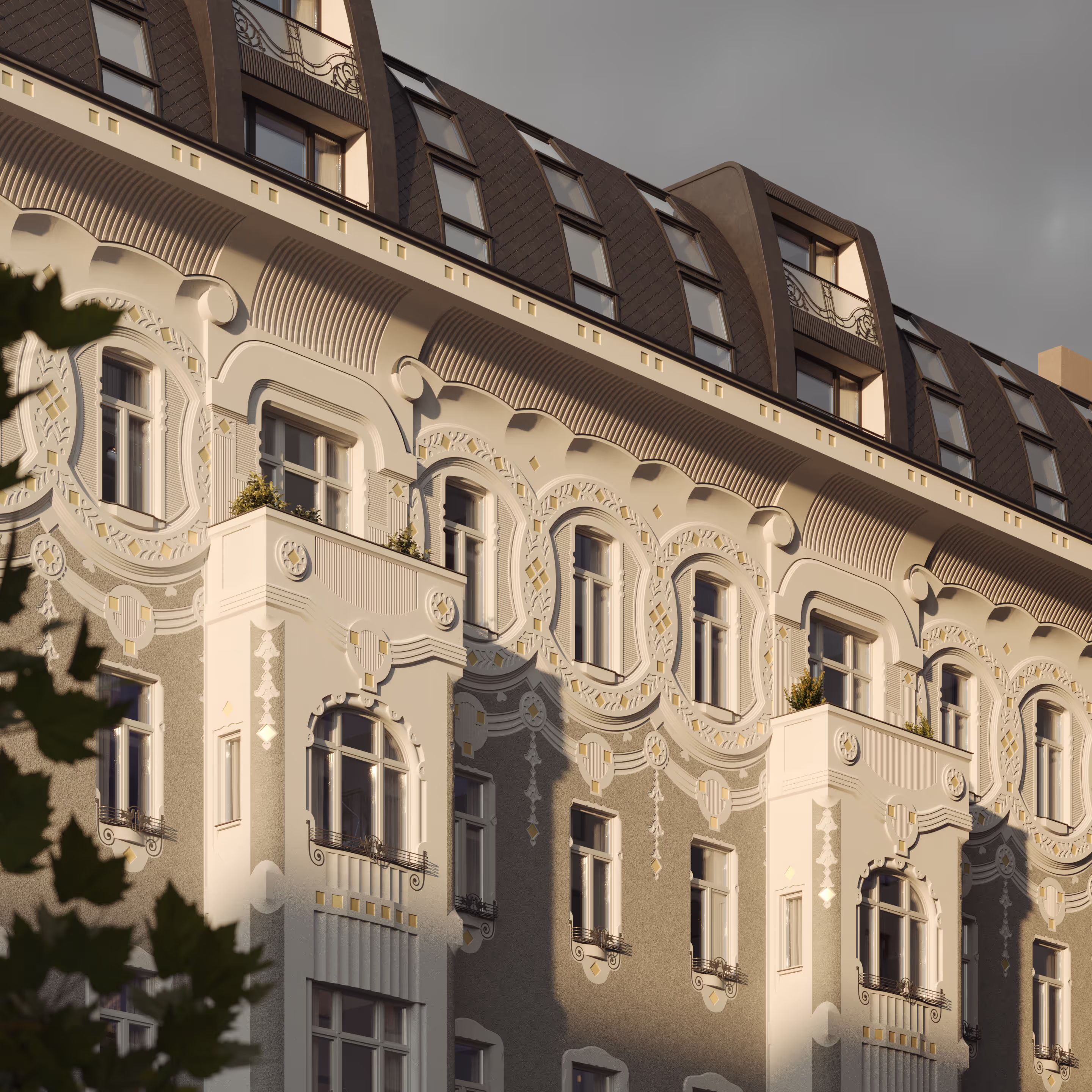 Visegrádi 17 restored, ornate window surrounds, Zsolnay-style ornaments and rooftop dormers in warm light, 3D rendering