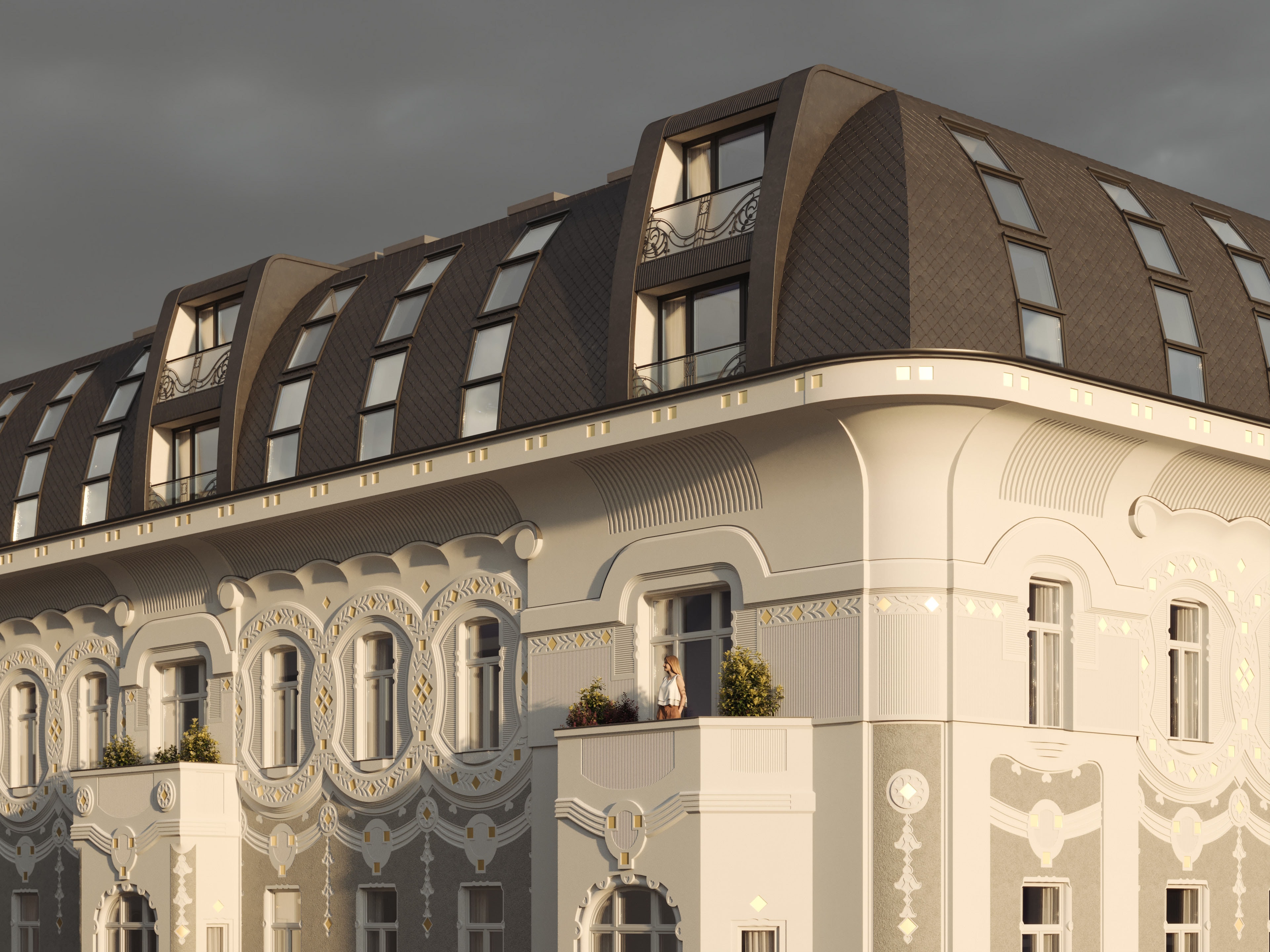 Rooftop extension of Visegrádi 17 with dormer windows set into the restored mansard roof, 3D rendering