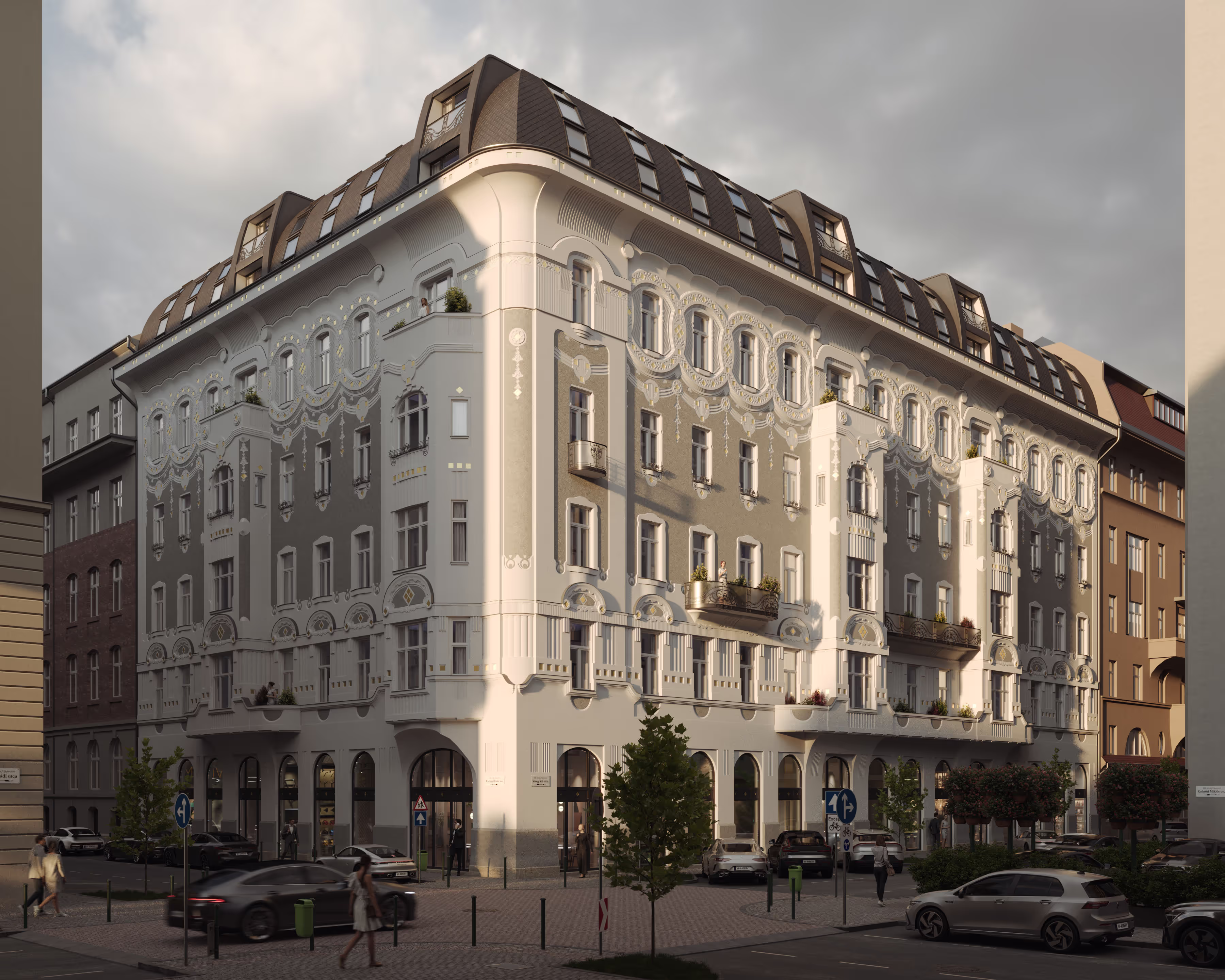 Visegrádi 17 after the 3D restoration under a cloudy sky, arched shopfronts and street trees, 3D rendering