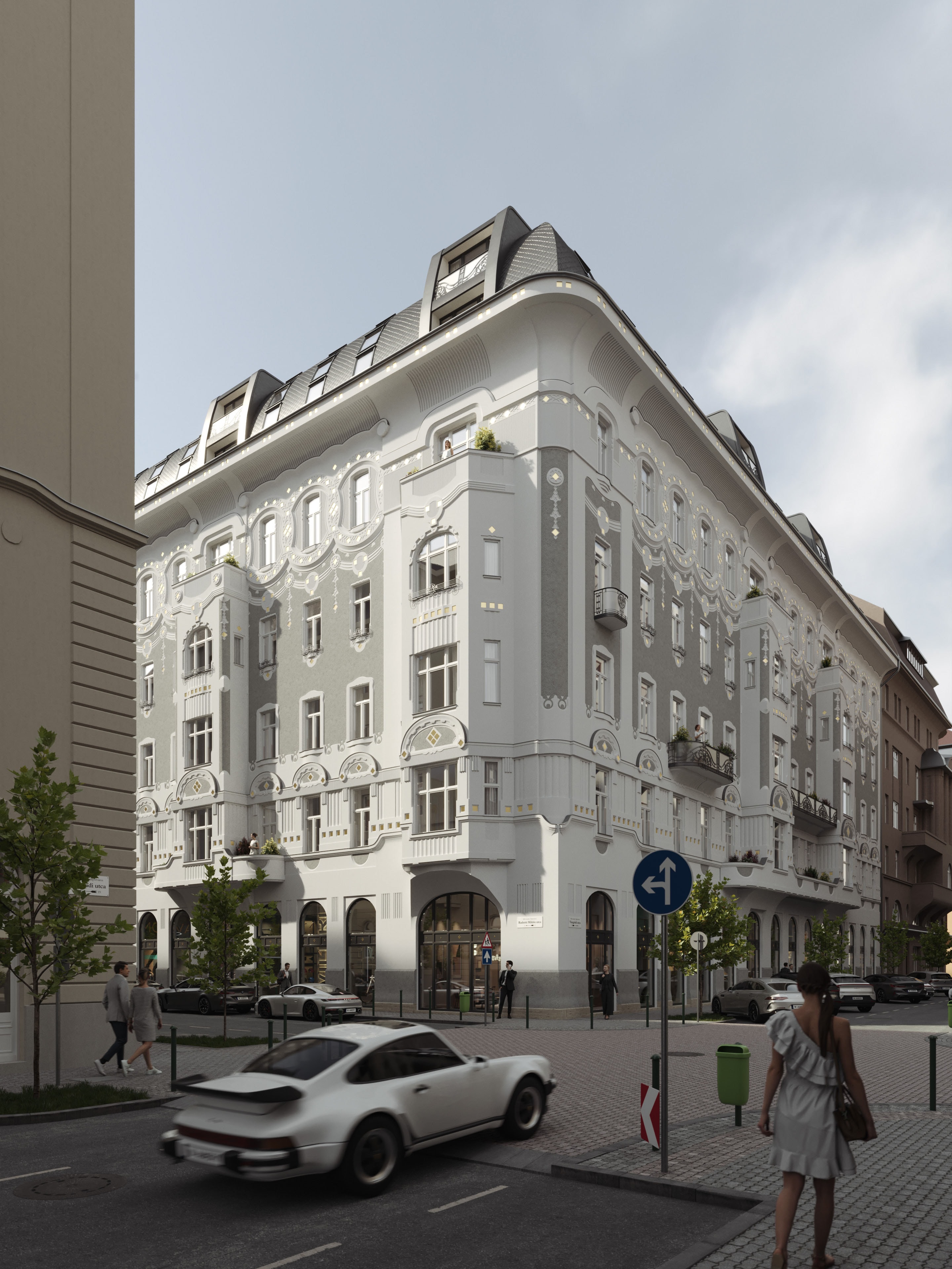 Restored Visegrádi 17 on its street corner with a passing car and pedestrians, 3D rendering
