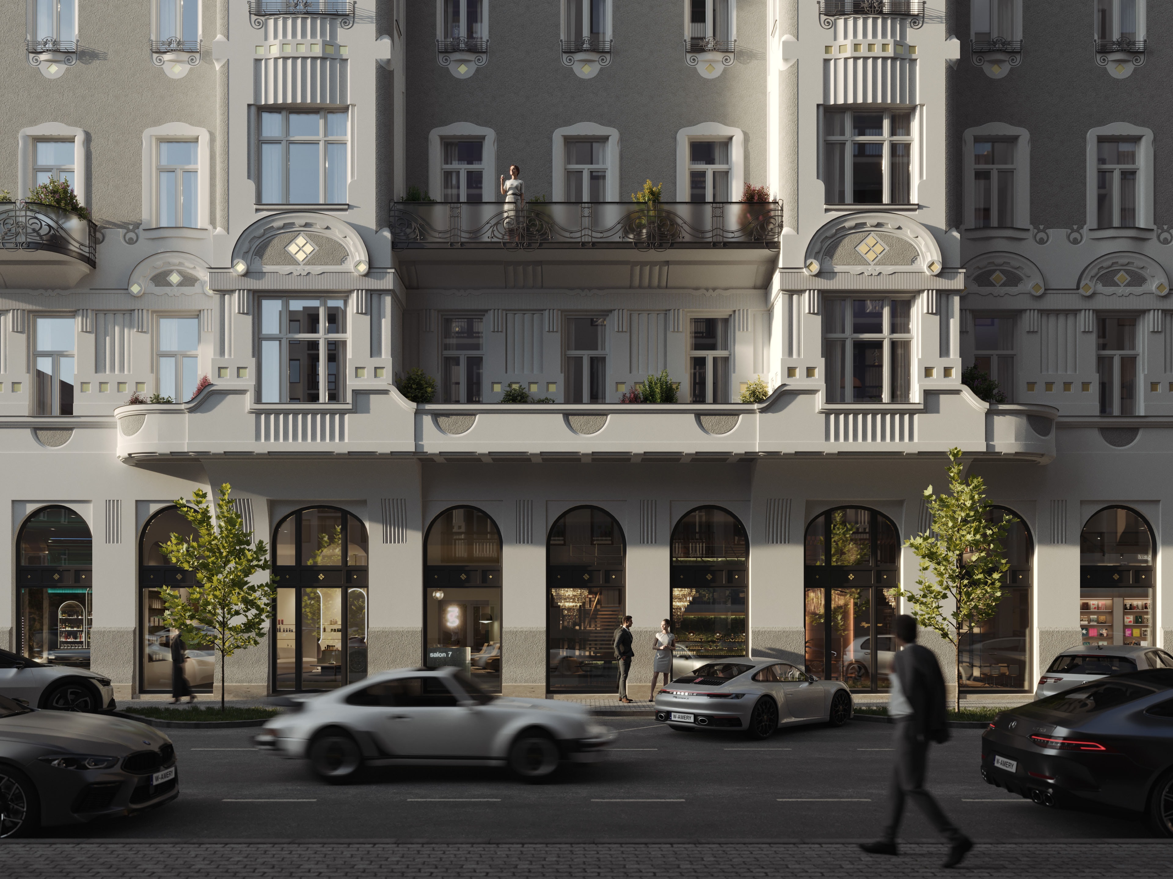 Ground-floor shopfronts and balconies of the restored Visegrádi 17 at street level, 3D rendering