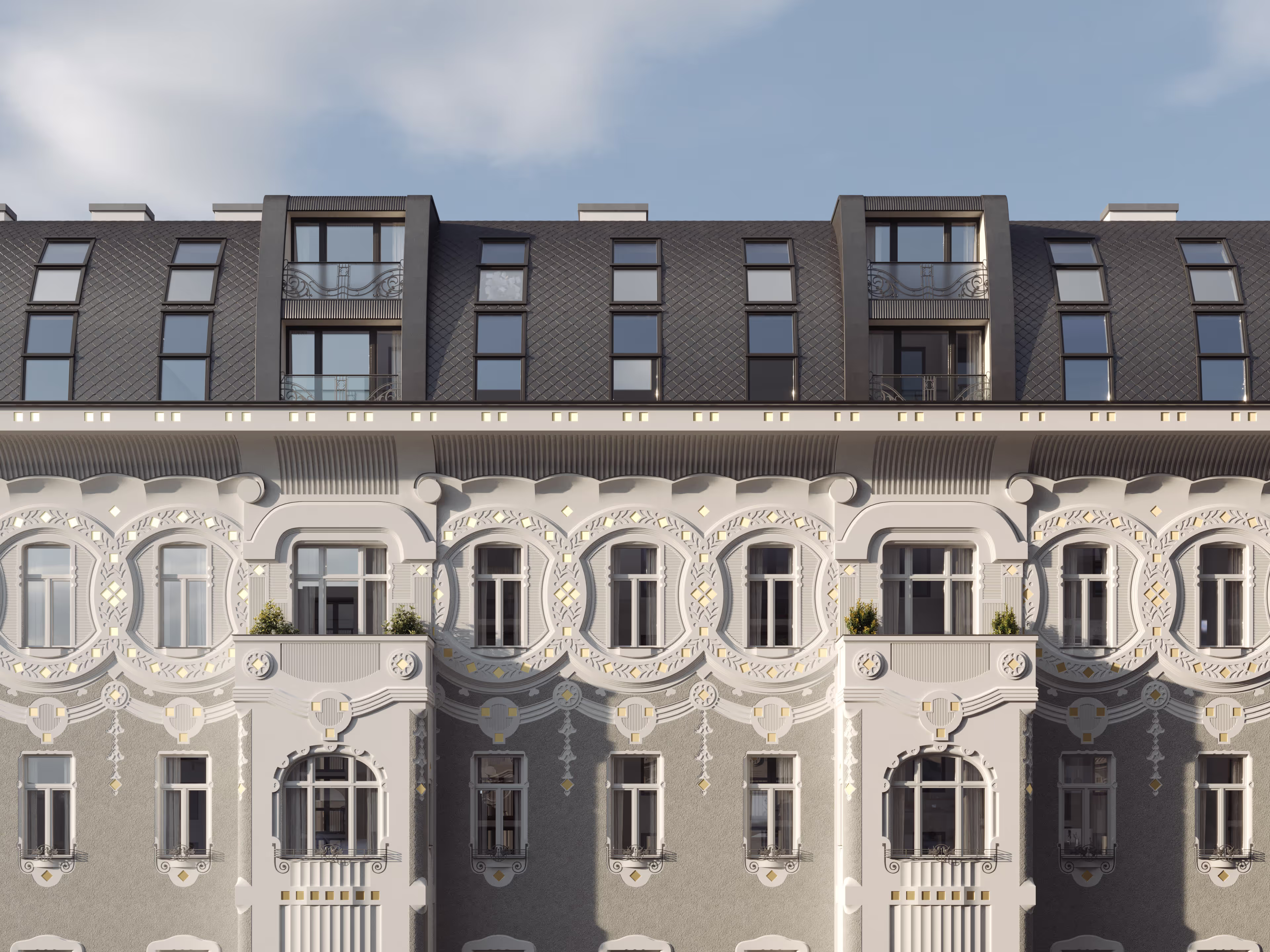 Upper façade of Visegrádi 17 with restored two-toned stucco and new mansard dormers, 3D rendering