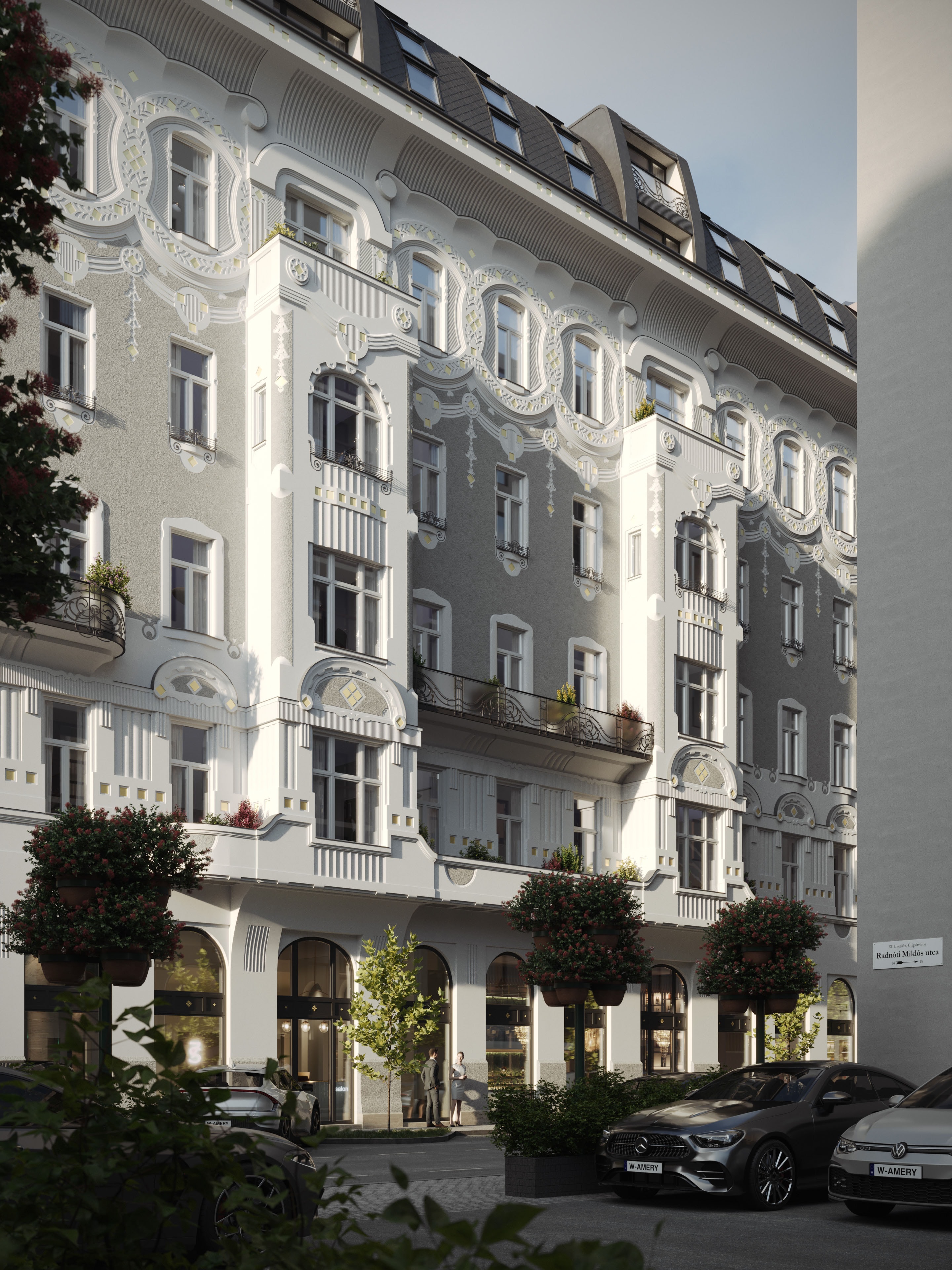 Restored Visegrádi 17 seen from the opposite pavement through street trees, 3D rendering