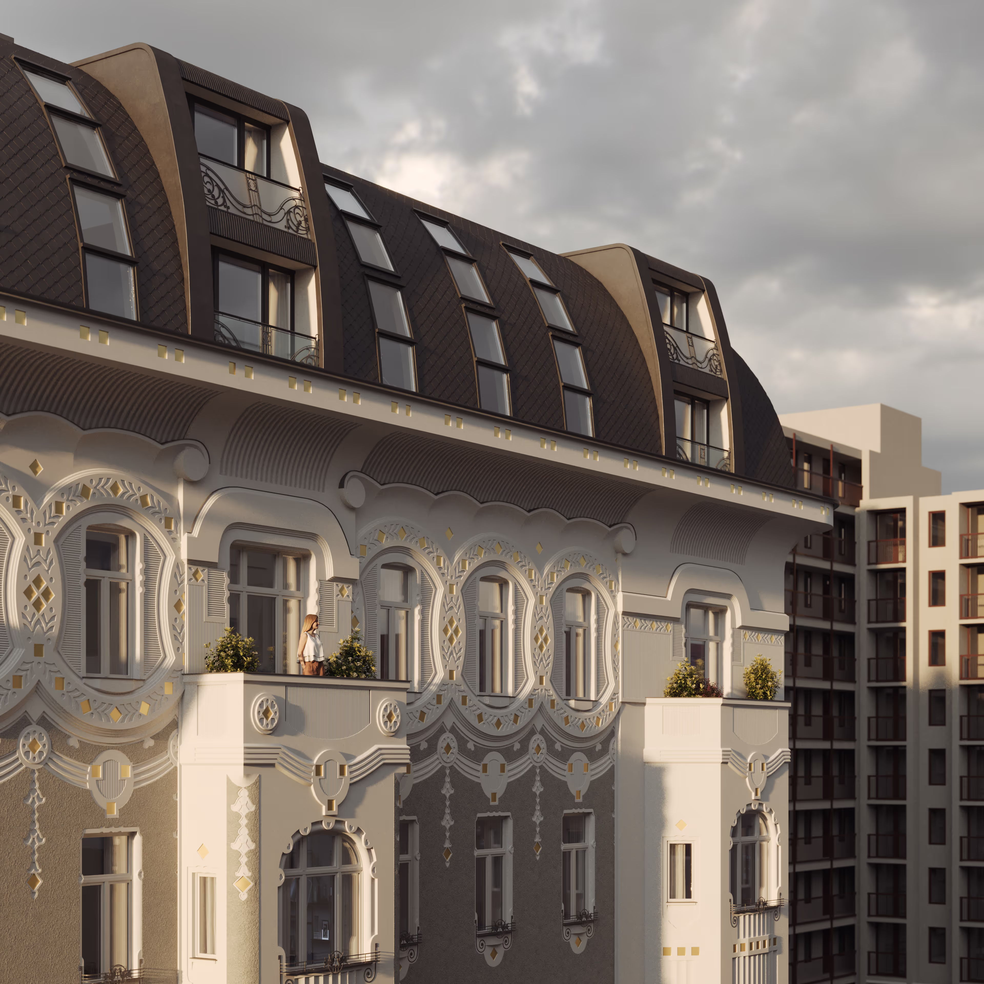Rooftop extension of Visegrádi 17 beside a modern neighbour, mansard roof with balcony dormers, 3D rendering