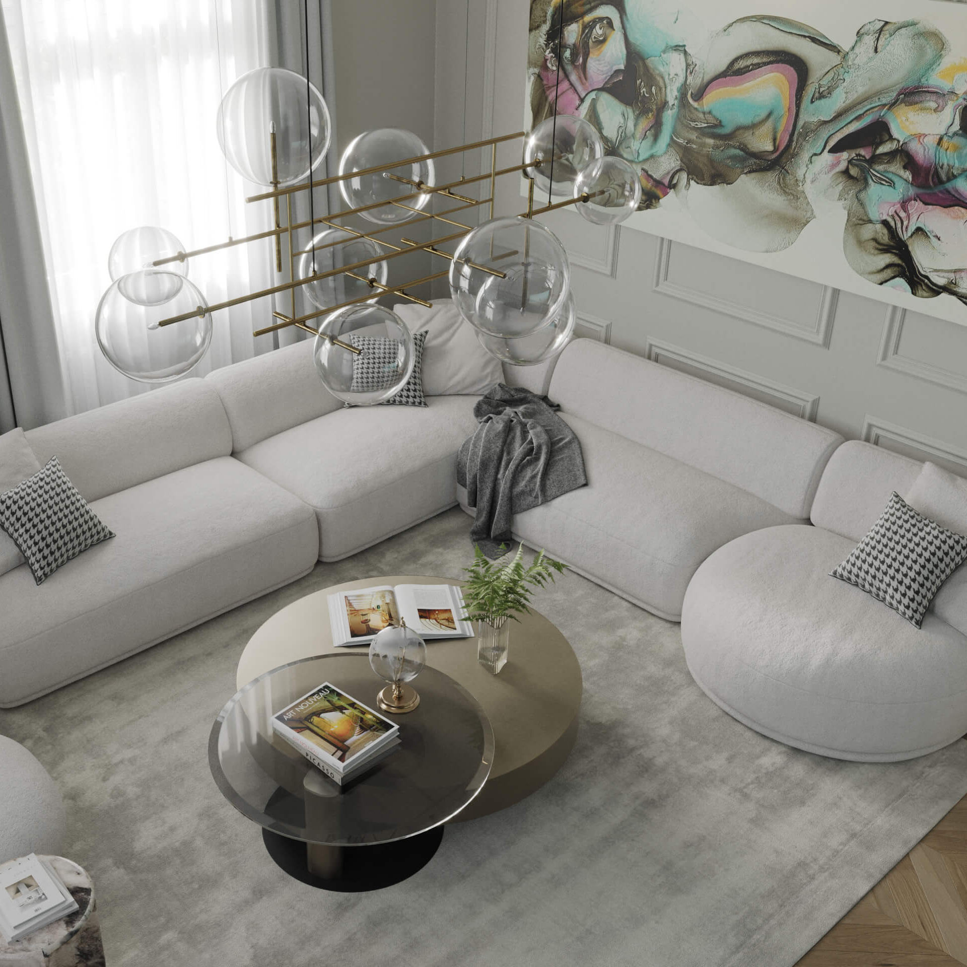 Fockygasse 22 living room seen from above with a bouclé sofa and a glass bubble chandelier, 3D rendering