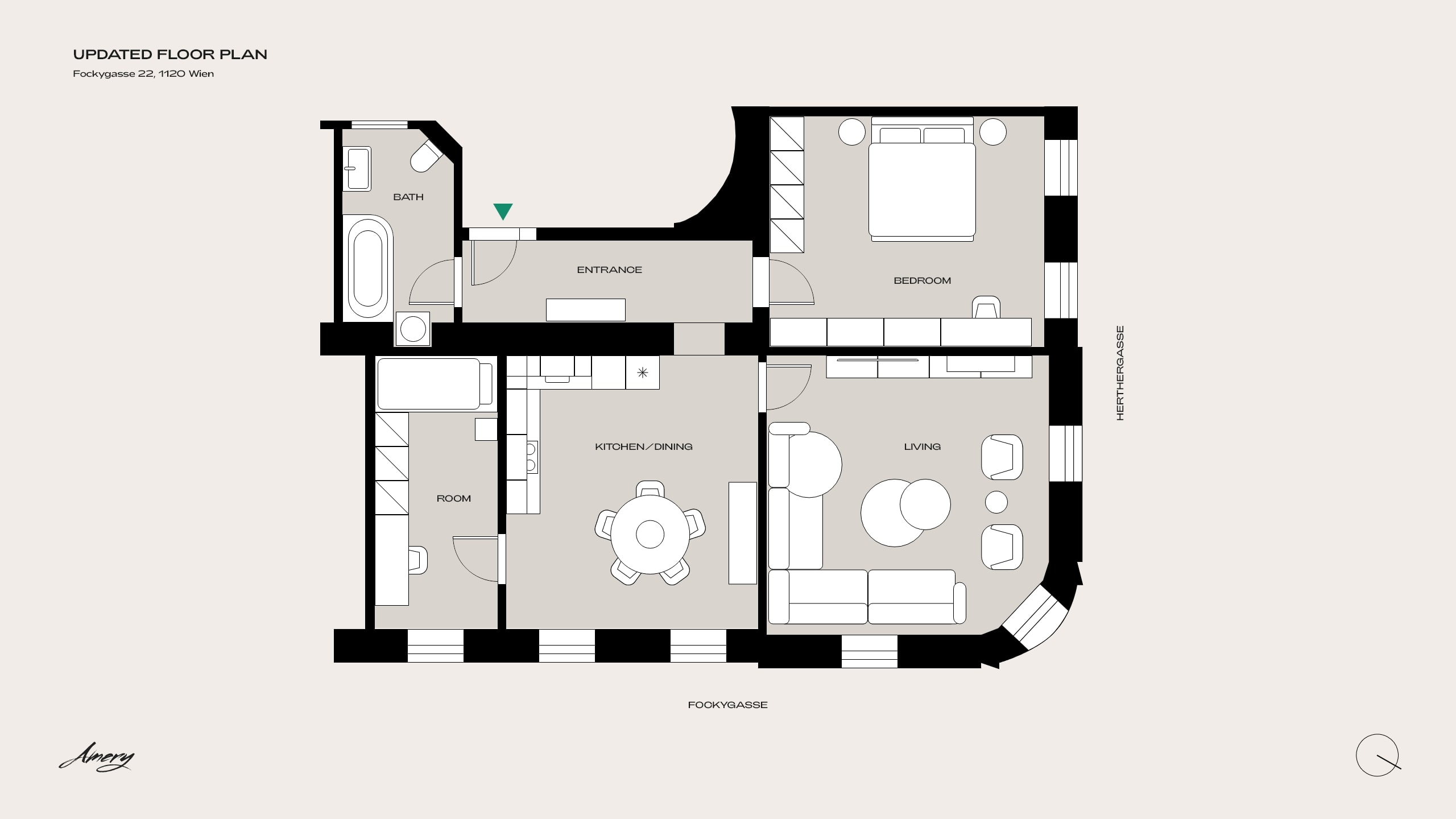 Fockygasse 22 updated floor plan by Amery with a merged bedroom and open kitchen