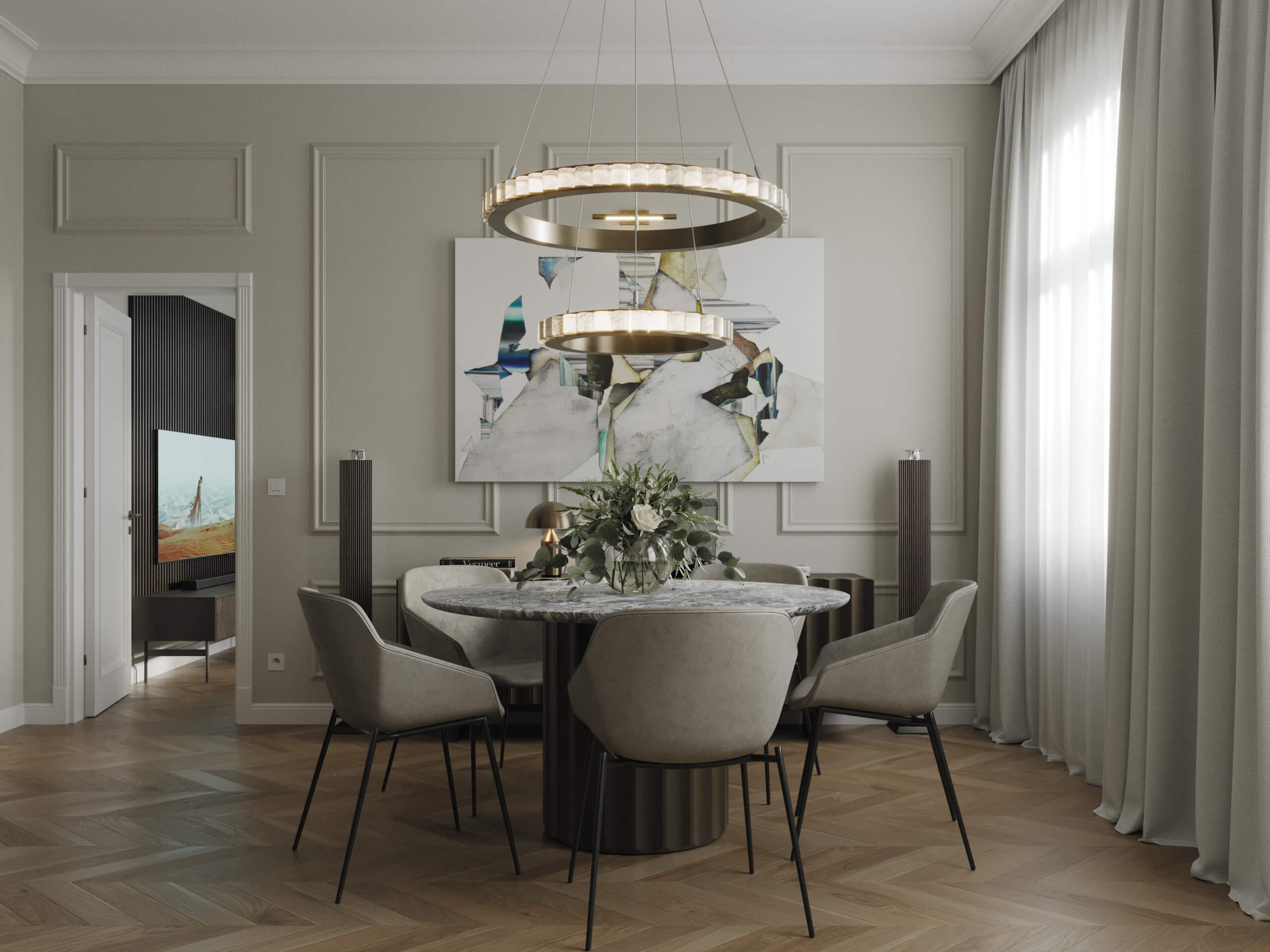 Dining room of Fockygasse 22 with a round marble table, ring chandelier and a glimpse of the TV wall, 3D rendering