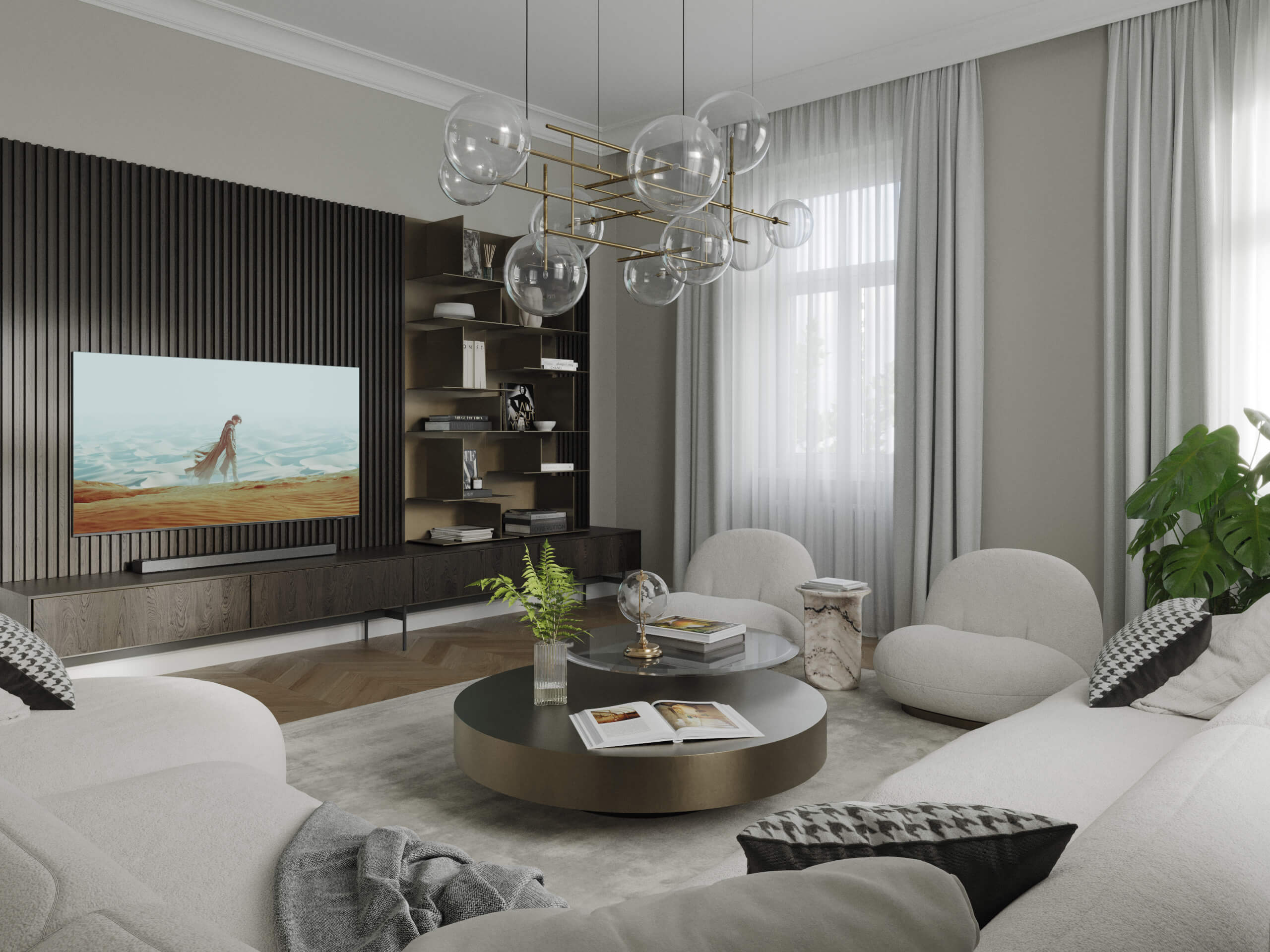 Fockygasse 22 living room with a dark slatted TV wall, bouclé armchairs and a bubble chandelier, 3D rendering