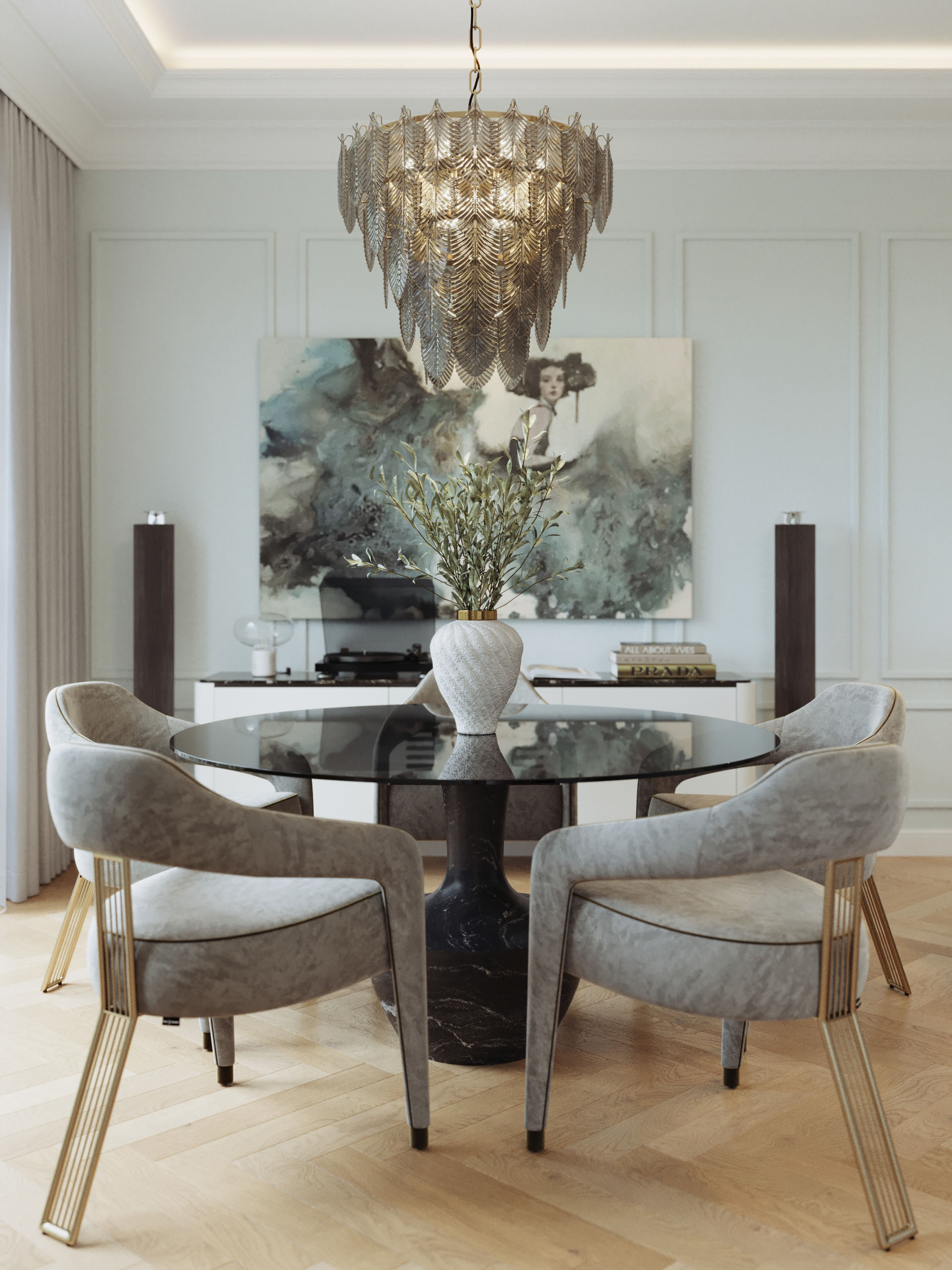 Jade Apartment dining corner with a glass table, velvet chairs, cascading chandelier and a large painting, 3D rendering