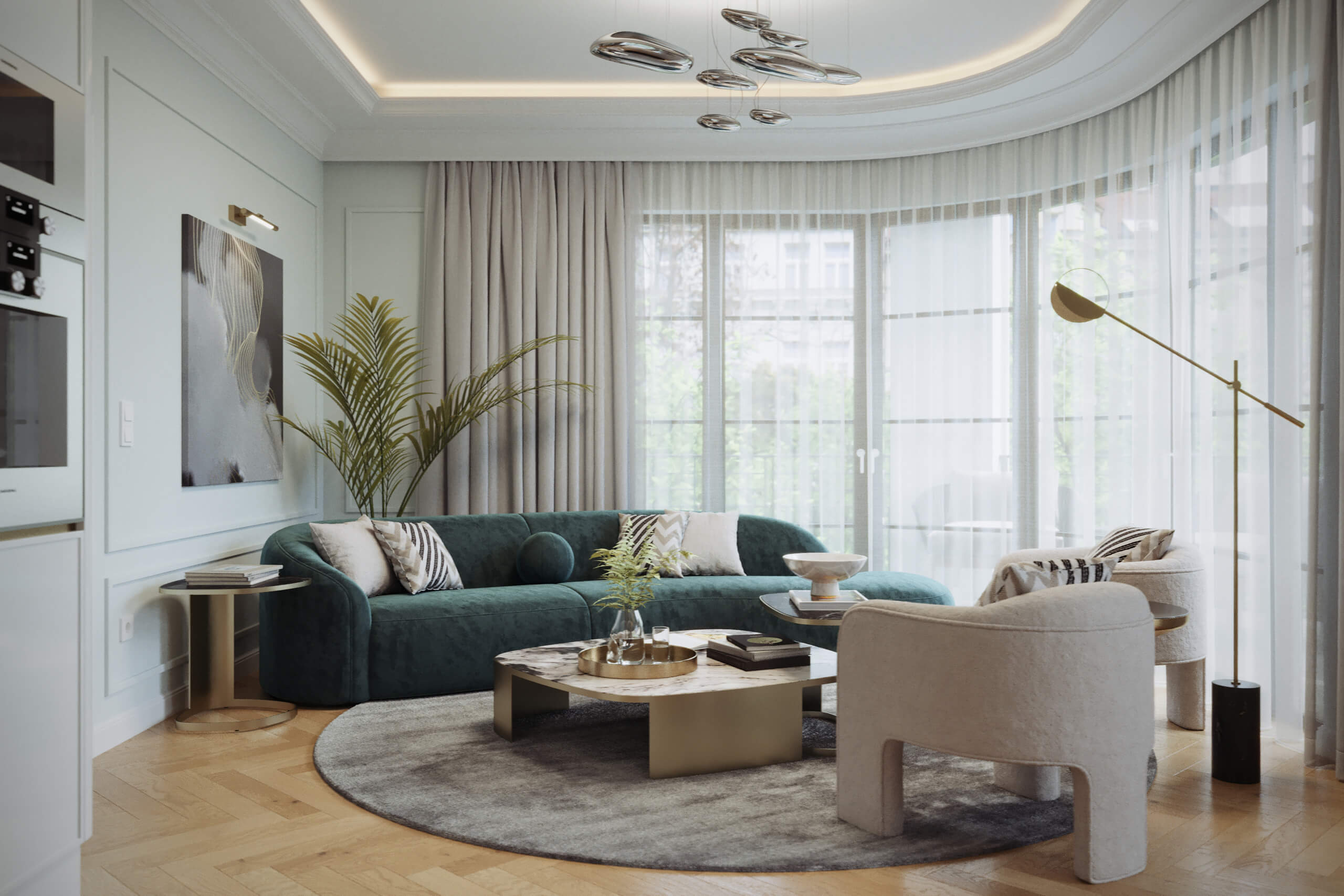 Vibrant and luxurious living room design based on Art Nouveau principles, Jade Apartment, 3D rendering