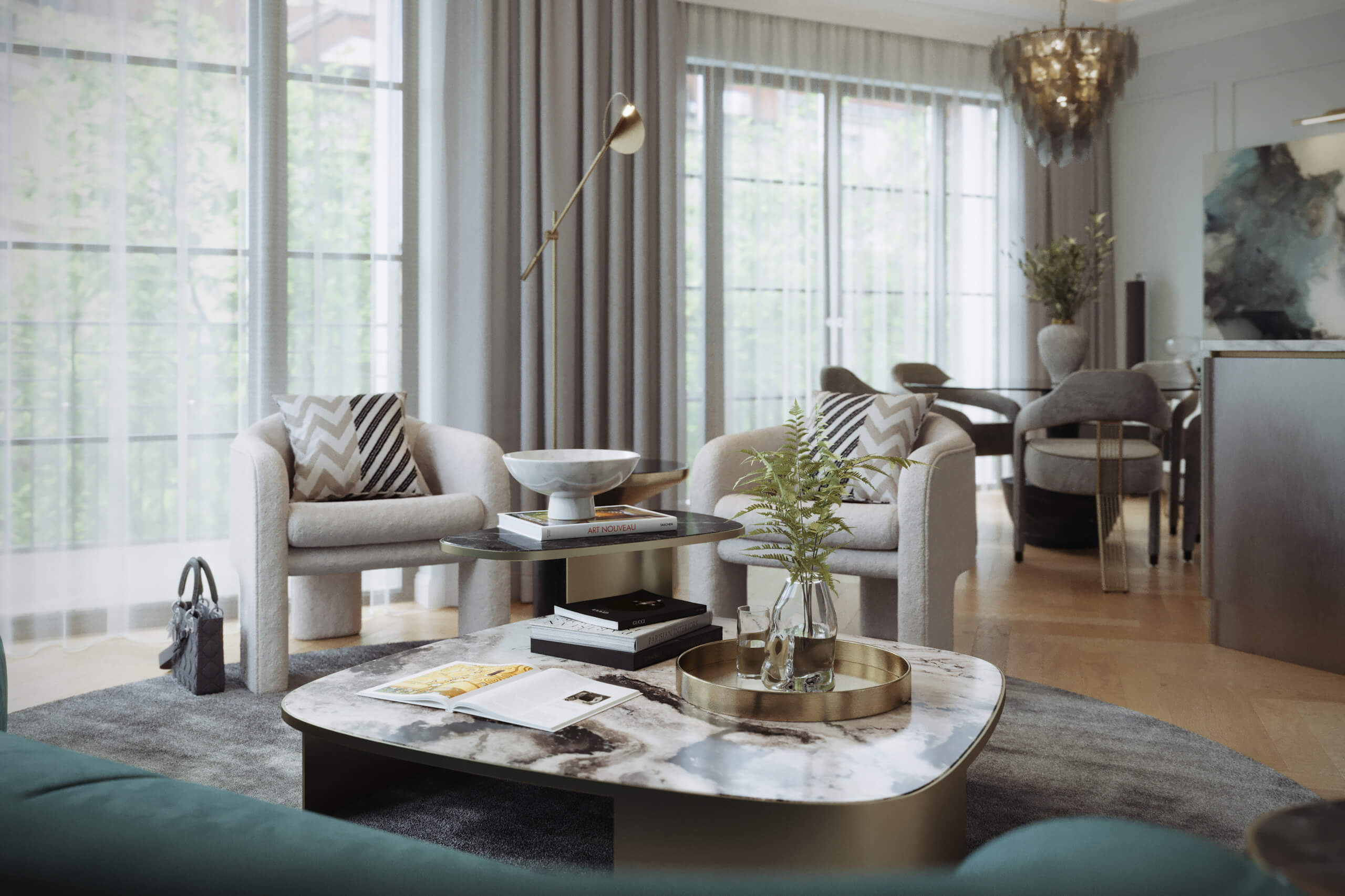 Milo Baughman lounge chairs by Weiman Preview and Poliform coffee tables in the Jade Apartment, 3D rendering